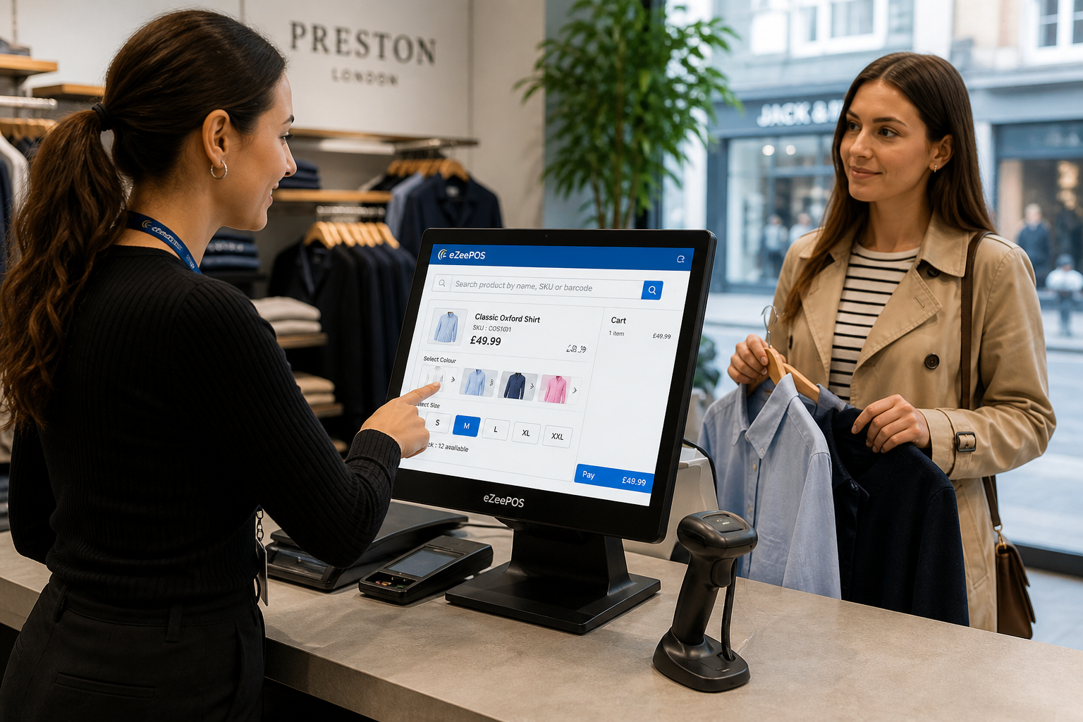 Why Product Lookup Matters for Busy Fashion and Clothing Shop Checkouts, a photorealistic commercial photography style image of a modern UK fashion and clothing shop checkout with a clean counter area, a friendly staff member using a sleek eZeePOS-style touchscreen POS terminal to quickly search for a product variant while serving a customer holding two clothing items, a barcode scanner resting beside the till, subtle blue brand accents on the screen interface, neatly merchandised apparel in the softly blurred background, natural window lighting, shallow depth of field, premium but realistic composition, professional blog hero image feel, clearly focused on fast product lookup for size and colour variants, calm busy retail atmosphere, realistic details suitable for a WordPress featured image.