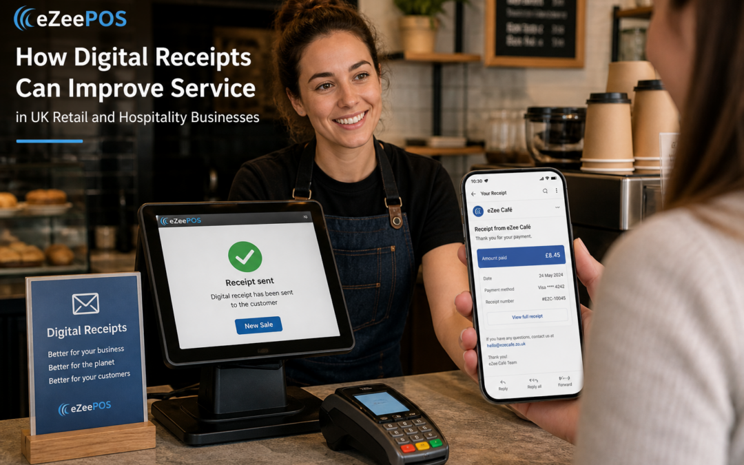 How Digital Receipts Can Improve Service in UK Retail and Hospitality Businesses, photorealistic commercial photography style of a modern UK cafe counter with a friendly staff member sending a digital receipt from an eZeePOS-style touchscreen POS terminal to a customer's smartphone, the phone screen clearly showing a simple receipt email confirmation with subtle blue interface accents, tidy counter area with card terminal and takeaway cups in the background, warm natural lighting, shallow depth of field, premium but realistic composition, professional business environment, customer interaction focused on modern receipt handling, subtle ezeepos-style branding colours in the screen and signage, clean and contemporary blog hero image suitable for a WordPress featured image