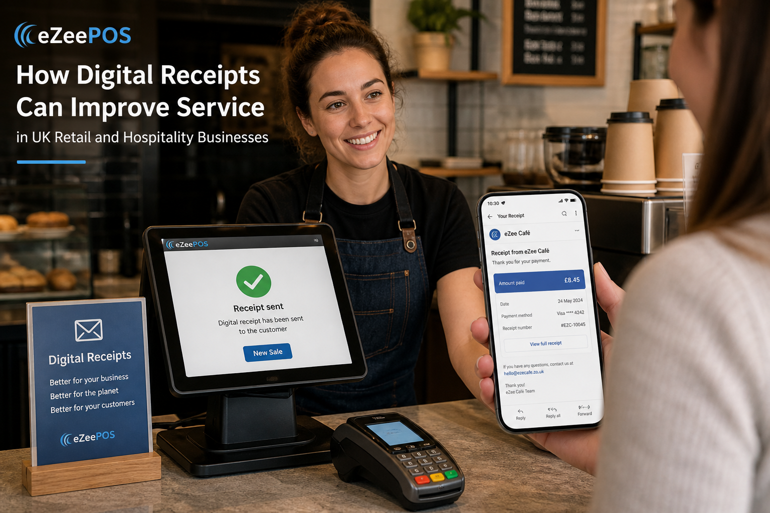 How Digital Receipts Can Improve Service in UK Retail and Hospitality Businesses, photorealistic commercial photography style of a modern UK cafe counter with a friendly staff member sending a digital receipt from an eZeePOS-style touchscreen POS terminal to a customer's smartphone, the phone screen clearly showing a simple receipt email confirmation with subtle blue interface accents, tidy counter area with card terminal and takeaway cups in the background, warm natural lighting, shallow depth of field, premium but realistic composition, professional business environment, customer interaction focused on modern receipt handling, subtle ezeepos-style branding colours in the screen and signage, clean and contemporary blog hero image suitable for a WordPress featured image