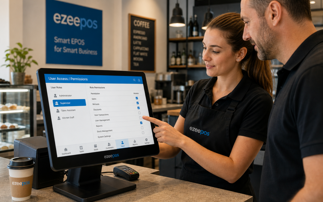Why Staff Permissions Matter in Busy EPOS Setups: a realistic photorealistic commercial photography style image in a modern UK café or retail shop with a clean counter, a touchscreen EPOS terminal clearly visible showing role-based user access screens, a supervisor and employee working together at the till, subtle blue brand accents on the interface and signage, warm natural lighting, shallow depth of field, professional business atmosphere, friendly but focused staff interaction, premium yet realistic composition, technology as the main focus, suitable for a WordPress featured image for ezeepos.