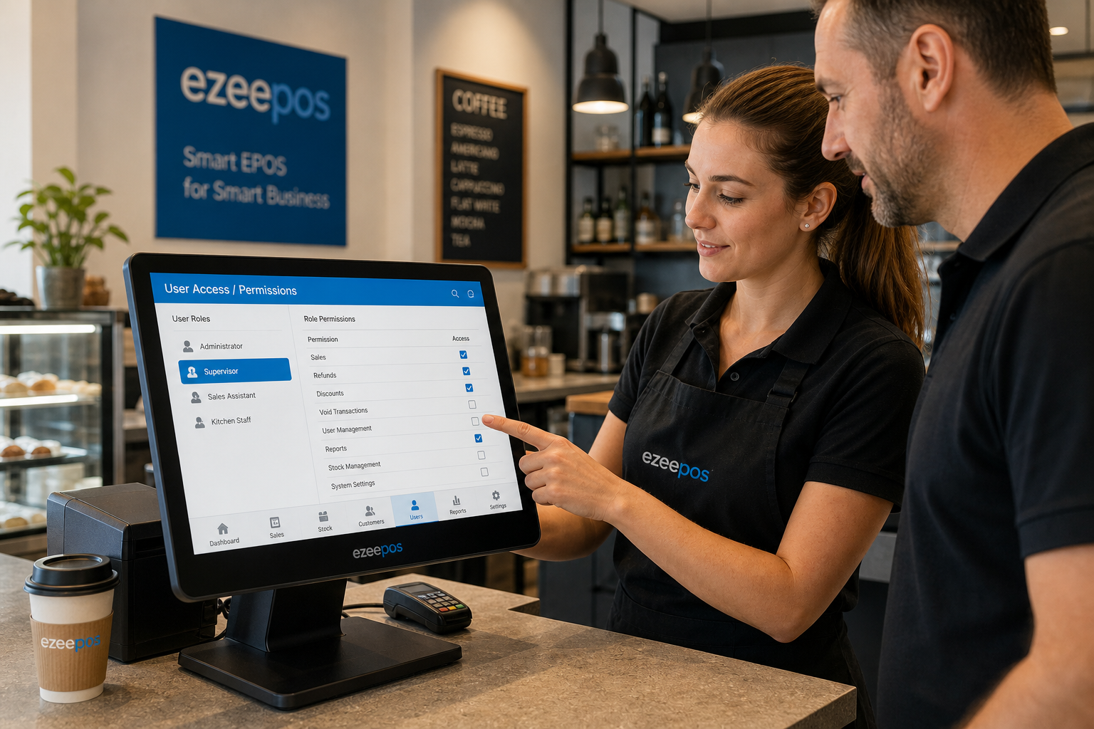 Why Staff Permissions Matter in Busy EPOS Setups: a realistic photorealistic commercial photography style image in a modern UK café or retail shop with a clean counter, a touchscreen EPOS terminal clearly visible showing role-based user access screens, a supervisor and employee working together at the till, subtle blue brand accents on the interface and signage, warm natural lighting, shallow depth of field, professional business atmosphere, friendly but focused staff interaction, premium yet realistic composition, technology as the main focus, suitable for a WordPress featured image for ezeepos.