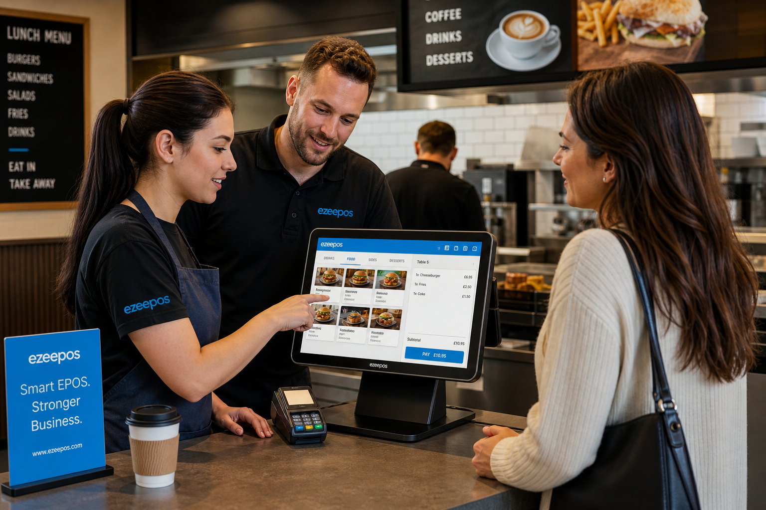 How Staff Training Helps UK Cafes, Restaurants and Takeaways Run Better EPOS Systems - Photorealistic commercial photography style image of a modern UK cafe or takeaway counter during a busy lunch service, with a friendly member of staff being shown how to use a sleek ezeepos-style touchscreen EPOS terminal by a colleague or manager; the screen should clearly suggest order entry and menu navigation, with subtle blue brand accents in the interface and nearby signage, a customer waiting calmly at the counter, clean uncluttered workspace, warm natural lighting, shallow depth of field, premium realistic composition, professional hospitality environment, the EPOS terminal as the clear focus, suitable as a WordPress featured image for a blog about staff training and better EPOS use.