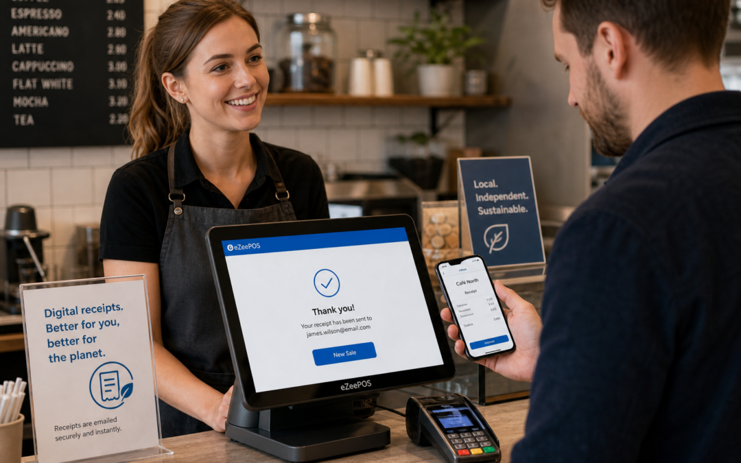 How Digital Receipts Can Improve Service in UK Retail and Hospitality Businesses: a realistic, photorealistic commercial photography style image of a modern UK café or independent shop counter with a touchscreen EPOS terminal showing a digital receipt confirmation screen, a staff member serving a customer who is checking their phone for an emailed receipt, clean counter area, subtle blue brand accents on the interface and small signage, warm natural lighting, shallow depth of field, premium but realistic composition, friendly professional atmosphere, technology clearly the focus, suitable as a WordPress featured image for eZeePOS, with a polished retail and hospitality service feel and no exaggerated or futuristic elements.