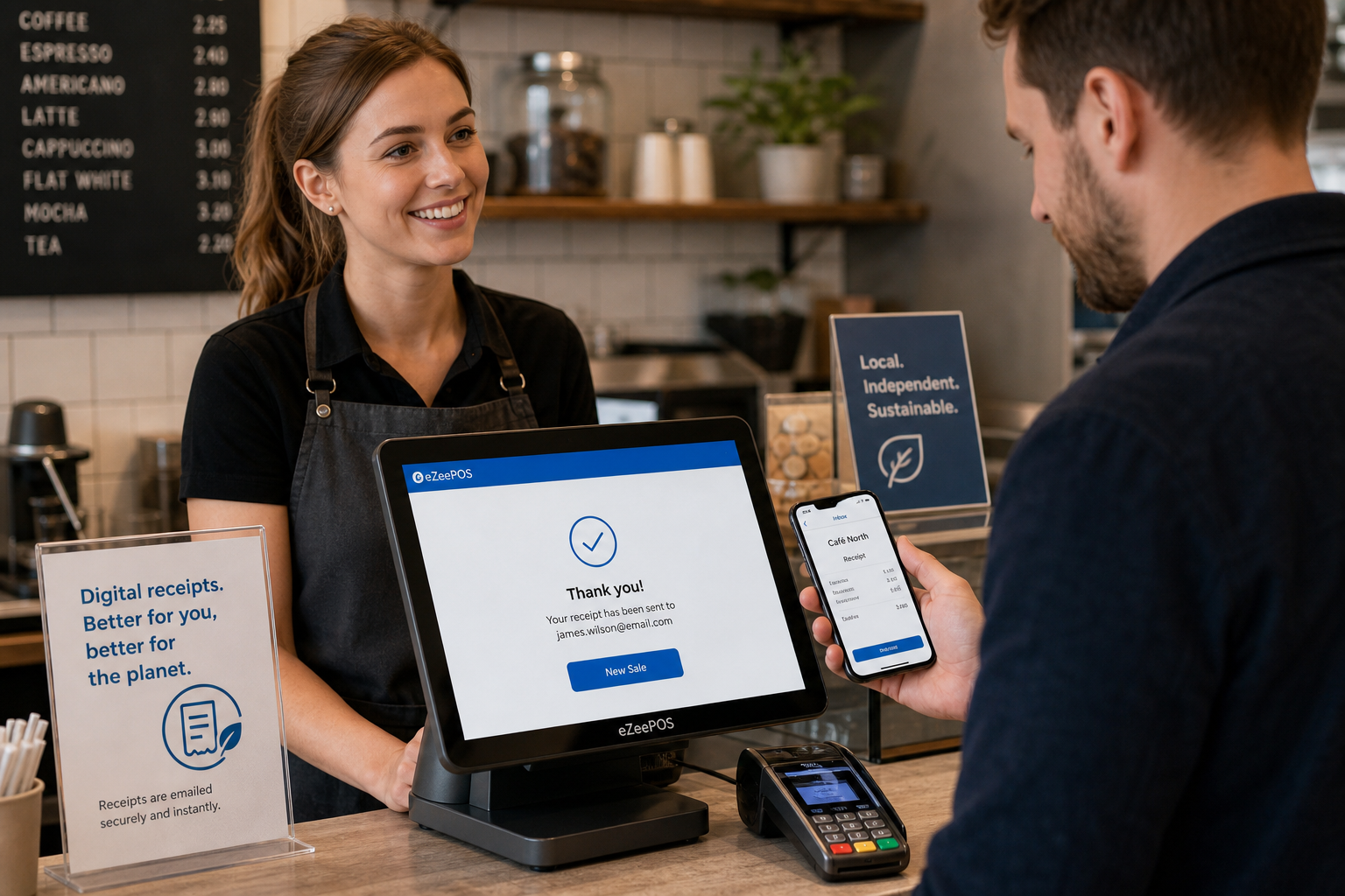 How Digital Receipts Can Improve Service in UK Retail and Hospitality Businesses: a realistic, photorealistic commercial photography style image of a modern UK café or independent shop counter with a touchscreen EPOS terminal showing a digital receipt confirmation screen, a staff member serving a customer who is checking their phone for an emailed receipt, clean counter area, subtle blue brand accents on the interface and small signage, warm natural lighting, shallow depth of field, premium but realistic composition, friendly professional atmosphere, technology clearly the focus, suitable as a WordPress featured image for eZeePOS, with a polished retail and hospitality service feel and no exaggerated or futuristic elements.