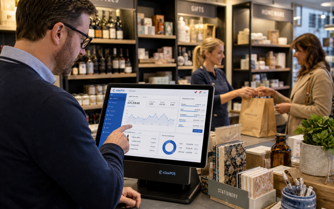 How Reporting Helps Multi-Department Retail Businesses Make Better Decisions, photorealistic commercial marketing image in a modern UK multi-department retail shop, a shop owner reviewing sales reporting charts on a clean eZeePOS-style touchscreen POS terminal at the counter while a staff member serves a customer in the background, visible department sales dashboard with simple blue accent graphs and category summaries, bottles, gifts, homeware and stationery arranged neatly around the counter to suggest multiple departments, warm natural lighting, shallow depth of field, premium but realistic composition, clean counter area, subtle blue brand accents on screen interface and uniform details, professional retail environment, focused on reporting and business decisions rather than generic scenery, realistic photography style suitable for a WordPress featured image