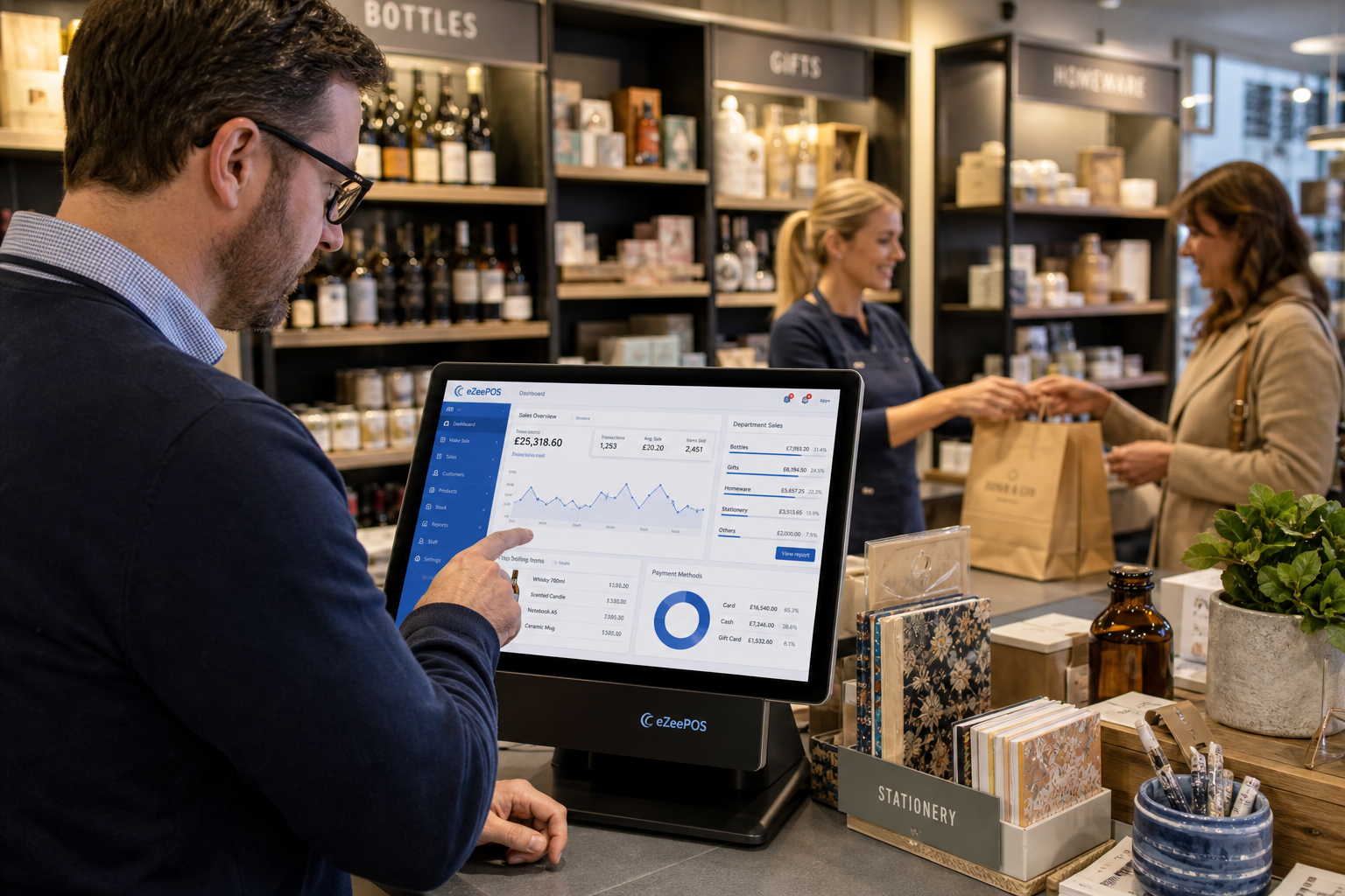 How Reporting Helps Multi-Department Retail Businesses Make Better Decisions, photorealistic commercial marketing image in a modern UK multi-department retail shop, a shop owner reviewing sales reporting charts on a clean eZeePOS-style touchscreen POS terminal at the counter while a staff member serves a customer in the background, visible department sales dashboard with simple blue accent graphs and category summaries, bottles, gifts, homeware and stationery arranged neatly around the counter to suggest multiple departments, warm natural lighting, shallow depth of field, premium but realistic composition, clean counter area, subtle blue brand accents on screen interface and uniform details, professional retail environment, focused on reporting and business decisions rather than generic scenery, realistic photography style suitable for a WordPress featured image