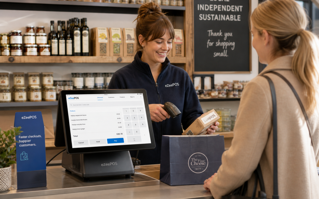 Barcode Scanning for Faster Retail Checkouts, photorealistic commercial photography style image of a busy UK independent retail shop counter with a modern eZeePOS-style touchscreen POS terminal, handheld barcode scanner in use, neatly arranged products, and a friendly staff member serving a customer while keeping the queue moving, warm natural lighting, shallow depth of field, clean counter area, subtle blue brand accents on the screen interface and small signage, realistic modern shop interior, professional blog hero image for ezeepos, premium but practical composition, customer-focused and centred on fast checkout technology, no clutter, no cartoon look, no unrealistic devices.