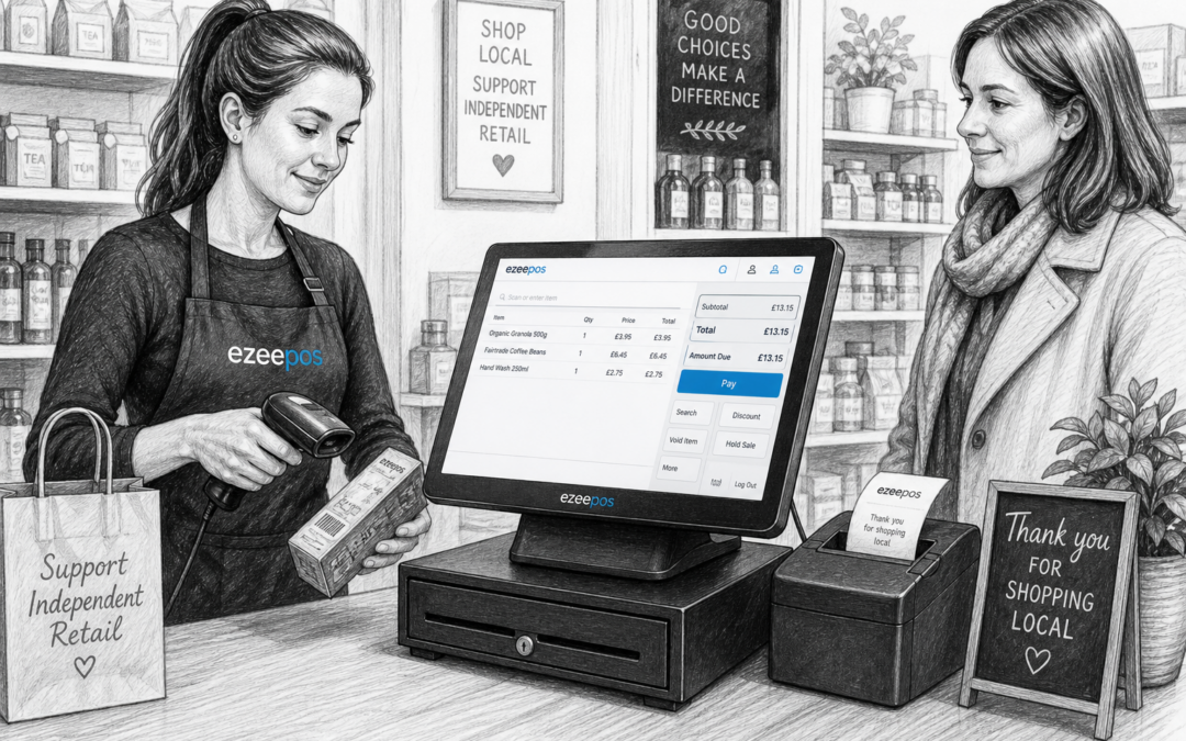 Barcode Scanning for Faster Checkout in Independent Retail. Create a realistic UK retail counter scene in a small independent shop, with a staff member scanning products at a modern touchscreen EPOS till while a customer waits nearby and the queue remains calm. Show a barcode scanner, receipt printer, cash drawer and a clear till screen with subtle blue interface accents, plus shelves of everyday retail products in the background. The image should reflect faster checkout, fewer errors and a tidy counter area, with a warm, modern, professional atmosphere. Use a detailed black-and-white pencil and ink editorial blog illustration style with clean hand-drawn linework, light shading, shallow depth of field and natural lighting. Keep the ezeepos-style POS terminal as the focus, include subtle blue accents only on the screen or small interface details, and avoid photorealism, cartoon styling, cluttered backgrounds, extreme futurism or unrelated scenery. Make it feel like a custom featured image for a UK EPOS blog article about barcode scanning speeding up independent retail checkouts.