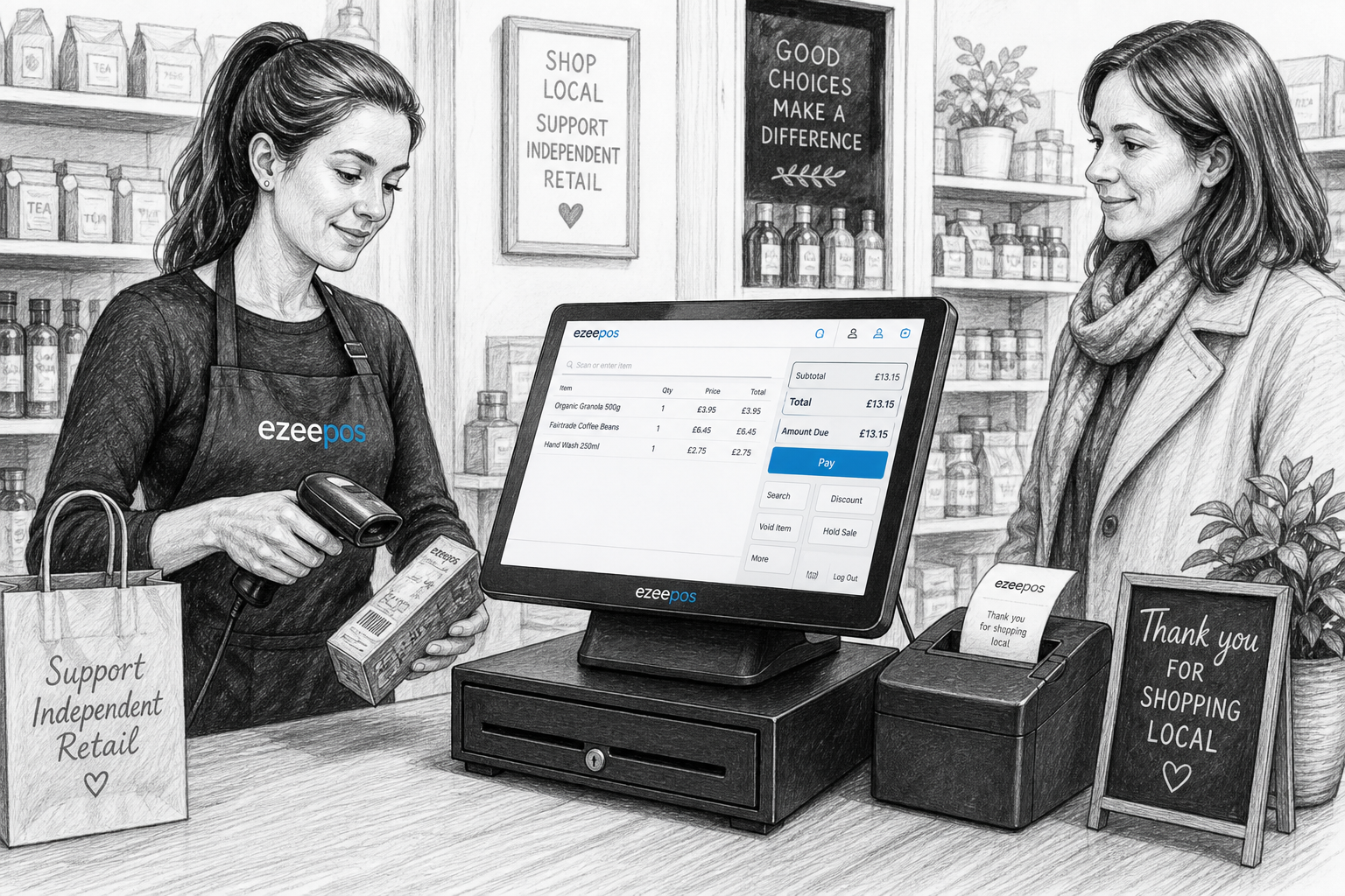 Barcode Scanning for Faster Checkout in Independent Retail. Create a realistic UK retail counter scene in a small independent shop, with a staff member scanning products at a modern touchscreen EPOS till while a customer waits nearby and the queue remains calm. Show a barcode scanner, receipt printer, cash drawer and a clear till screen with subtle blue interface accents, plus shelves of everyday retail products in the background. The image should reflect faster checkout, fewer errors and a tidy counter area, with a warm, modern, professional atmosphere. Use a detailed black-and-white pencil and ink editorial blog illustration style with clean hand-drawn linework, light shading, shallow depth of field and natural lighting. Keep the ezeepos-style POS terminal as the focus, include subtle blue accents only on the screen or small interface details, and avoid photorealism, cartoon styling, cluttered backgrounds, extreme futurism or unrelated scenery. Make it feel like a custom featured image for a UK EPOS blog article about barcode scanning speeding up independent retail checkouts.