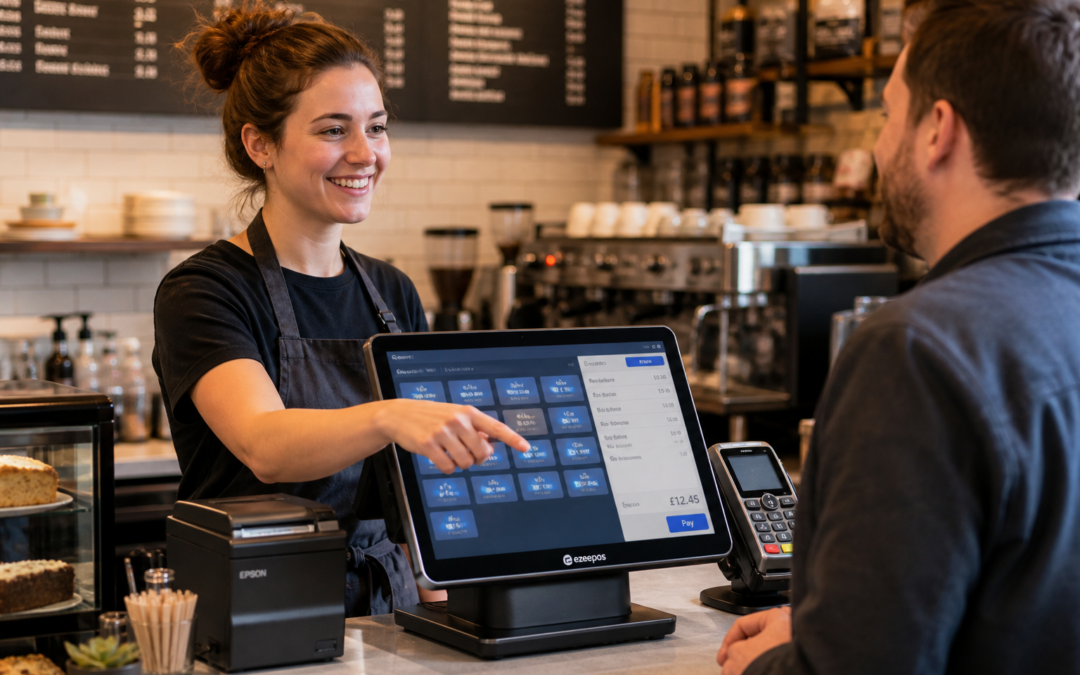 Choosing the Right Touchscreen Till for a Busy Counter depicting a realistic UK retail and hospitality counter with a modern touchscreen POS terminal in the foreground, a staff member serving a customer at a clean, busy counter, menu or product buttons visible on the screen in subtle blue interface accents, a compact and professional till setup with card terminal and receipt printer nearby, a friendly but realistic shop or cafe environment in the background, warm natural lighting, shallow depth of field, photorealistic commercial photography style, premium yet practical composition, clear focus on the touchscreen till and everyday service efficiency, suitable as a WordPress featured image for ezeepos.
