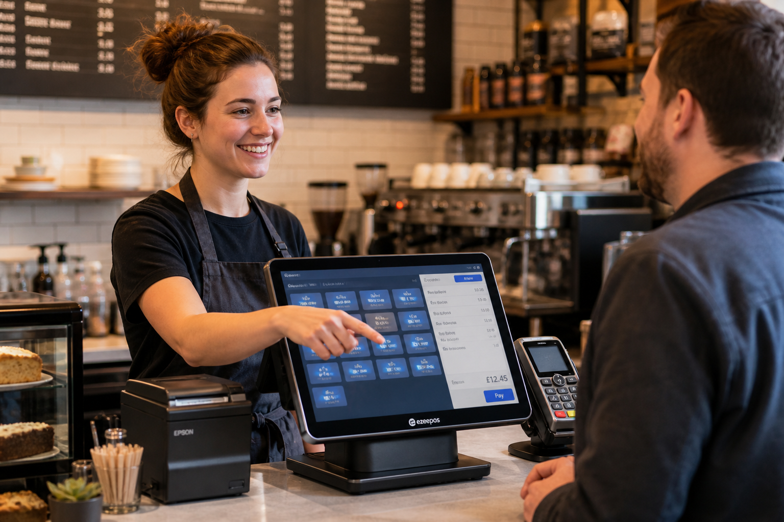 Choosing the Right Touchscreen Till for a Busy Counter depicting a realistic UK retail and hospitality counter with a modern touchscreen POS terminal in the foreground, a staff member serving a customer at a clean, busy counter, menu or product buttons visible on the screen in subtle blue interface accents, a compact and professional till setup with card terminal and receipt printer nearby, a friendly but realistic shop or cafe environment in the background, warm natural lighting, shallow depth of field, photorealistic commercial photography style, premium yet practical composition, clear focus on the touchscreen till and everyday service efficiency, suitable as a WordPress featured image for ezeepos.