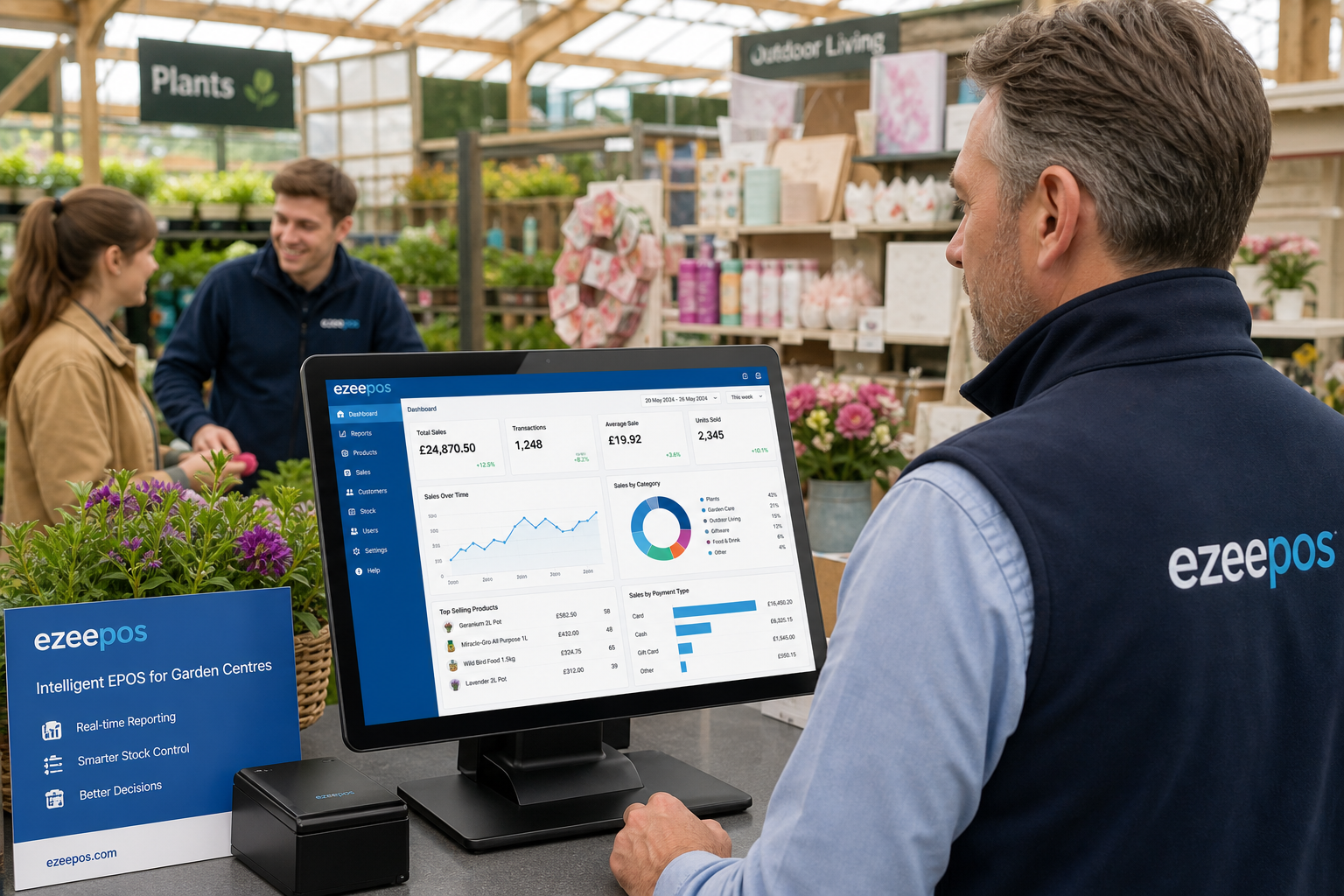 How EPOS Reporting Helps Garden Centres Make Better Day-to-Day Decisions, photorealistic commercial photography style of a busy UK garden centre counter with a modern touchscreen EPOS terminal showing clear sales dashboard charts and category reports, a manager reviewing performance data beside a display of plants, gift items and seasonal products, subtle blue brand accents on the screen interface and signage, warm natural daylight coming through the store, clean counter area, shallow depth of field, premium but realistic composition, professional marketing hero image for ezeepos, friendly staff interaction in the background, realistic retail environment, technology clearly the focus, suitable for a WordPress featured image