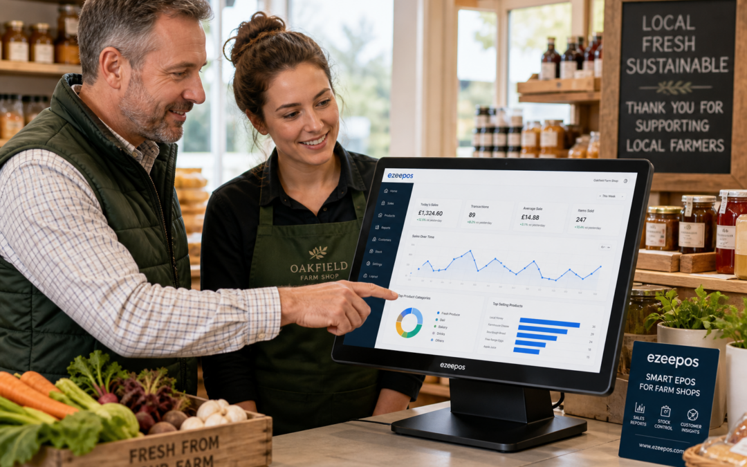 How EPOS Reporting Helps Farm Shops Plan Smarter Day-to-Day Trading: a realistic photorealistic commercial photography scene inside a warm modern UK farm shop counter area, with a business owner and a staff member looking at a clean EPOS touchscreen terminal or tablet showing sales reports, charts and trading trends in a simple blue-accent interface, with fresh produce, local preserves, deli items and gift products softly visible in the background, natural daylight coming through the shop windows, shallow depth of field, premium but realistic composition, friendly professional atmosphere, clean counter space, subtle ezeepos-style branding accents on the screen and nearby signage, the technology clearly as the focus, ideal for a WordPress featured image, shot like a high-end marketing image for an EPOS software blog.