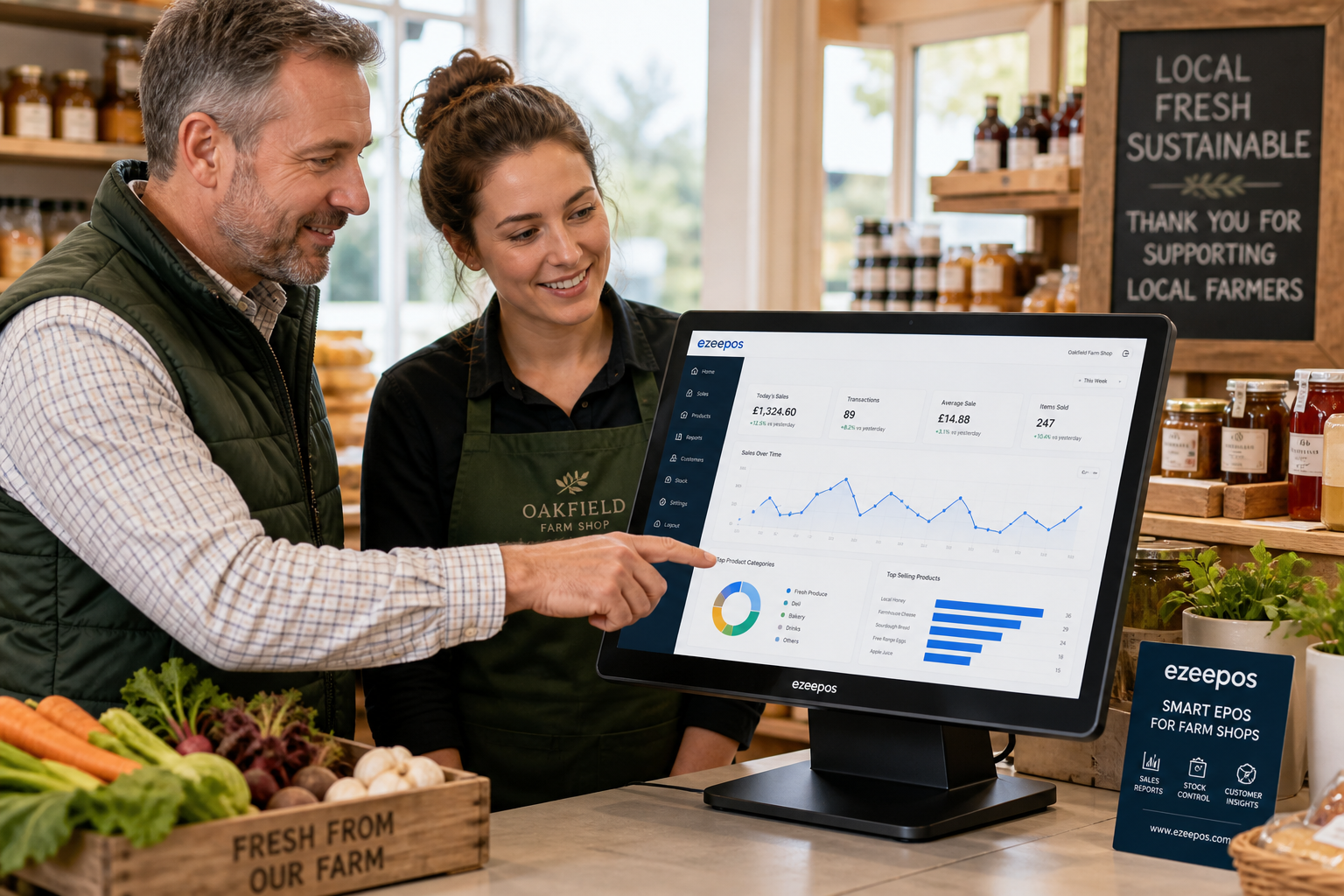 How EPOS Reporting Helps Farm Shops Plan Smarter Day-to-Day Trading: a realistic photorealistic commercial photography scene inside a warm modern UK farm shop counter area, with a business owner and a staff member looking at a clean EPOS touchscreen terminal or tablet showing sales reports, charts and trading trends in a simple blue-accent interface, with fresh produce, local preserves, deli items and gift products softly visible in the background, natural daylight coming through the shop windows, shallow depth of field, premium but realistic composition, friendly professional atmosphere, clean counter space, subtle ezeepos-style branding accents on the screen and nearby signage, the technology clearly as the focus, ideal for a WordPress featured image, shot like a high-end marketing image for an EPOS software blog.