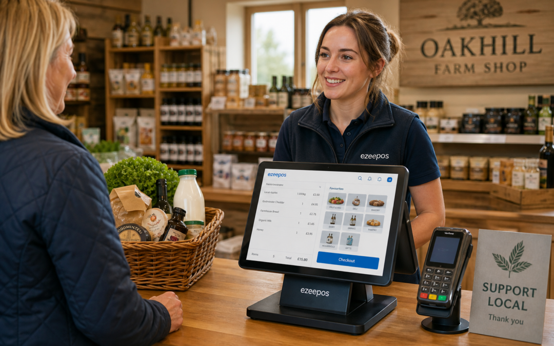 Choosing the Right Touchscreen Till for Busy Farm Shops: a realistic UK farm shop checkout scene with a modern touchscreen EPOS till on a clean wooden counter, a friendly staff member serving a customer with a basket of mixed products including fresh produce, deli items and local goods, a compact payment area nearby, subtle blue brand accents on the screen interface, and a warm natural-light interior with shelves of farm shop stock softly blurred in the background. Photorealistic commercial photography style, shallow depth of field, premium but authentic composition, professional website blog hero image for ezeepos, technology clearly in focus, calm busy trading atmosphere, clean counter area, no clutter, suitable for WordPress featured image.