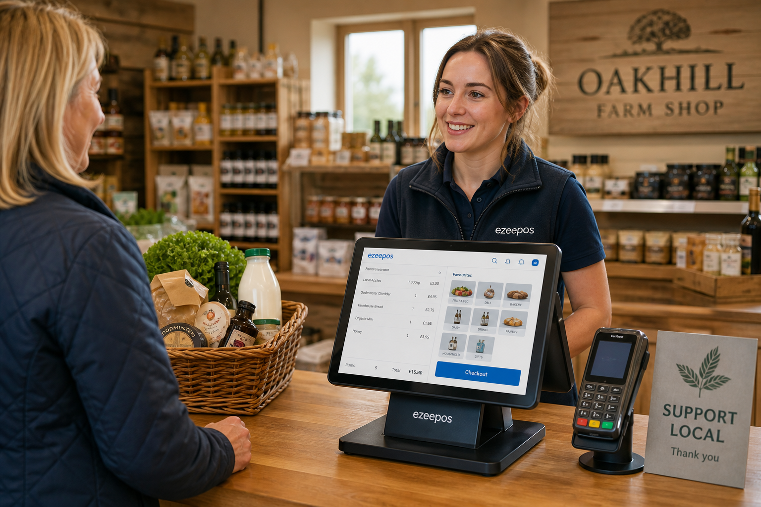 Choosing the Right Touchscreen Till for Busy Farm Shops: a realistic UK farm shop checkout scene with a modern touchscreen EPOS till on a clean wooden counter, a friendly staff member serving a customer with a basket of mixed products including fresh produce, deli items and local goods, a compact payment area nearby, subtle blue brand accents on the screen interface, and a warm natural-light interior with shelves of farm shop stock softly blurred in the background. Photorealistic commercial photography style, shallow depth of field, premium but authentic composition, professional website blog hero image for ezeepos, technology clearly in focus, calm busy trading atmosphere, clean counter area, no clutter, suitable for WordPress featured image.