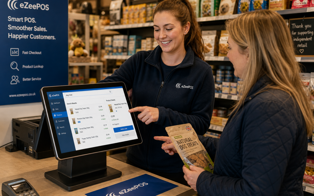 How Product Lookup Helps Busy Retail Checkouts Stay Moving, a photorealistic commercial photography style image of a busy UK independent retail shop counter with a modern touchscreen EPOS terminal clearly showing a product search or lookup screen, a staff member helping a customer while scanning or searching for an item, shelves of mixed retail products in the background such as convenience items, gifts or pet supplies, clean counter area, subtle blue brand accents on the interface and signage, warm natural lighting, shallow depth of field, premium but realistic composition, professional blog hero image for eZeePOS, focused on fast checkout service and practical product lookup rather than generic stock imagery.