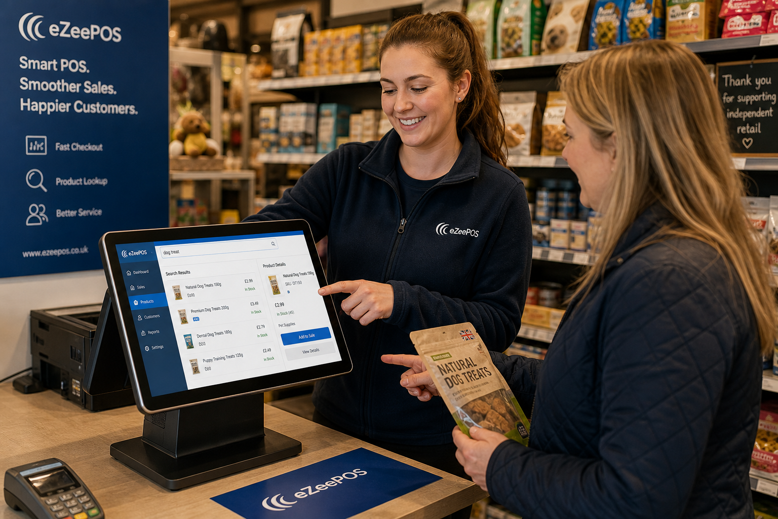 How Product Lookup Helps Busy Retail Checkouts Stay Moving, a photorealistic commercial photography style image of a busy UK independent retail shop counter with a modern touchscreen EPOS terminal clearly showing a product search or lookup screen, a staff member helping a customer while scanning or searching for an item, shelves of mixed retail products in the background such as convenience items, gifts or pet supplies, clean counter area, subtle blue brand accents on the interface and signage, warm natural lighting, shallow depth of field, premium but realistic composition, professional blog hero image for eZeePOS, focused on fast checkout service and practical product lookup rather than generic stock imagery.