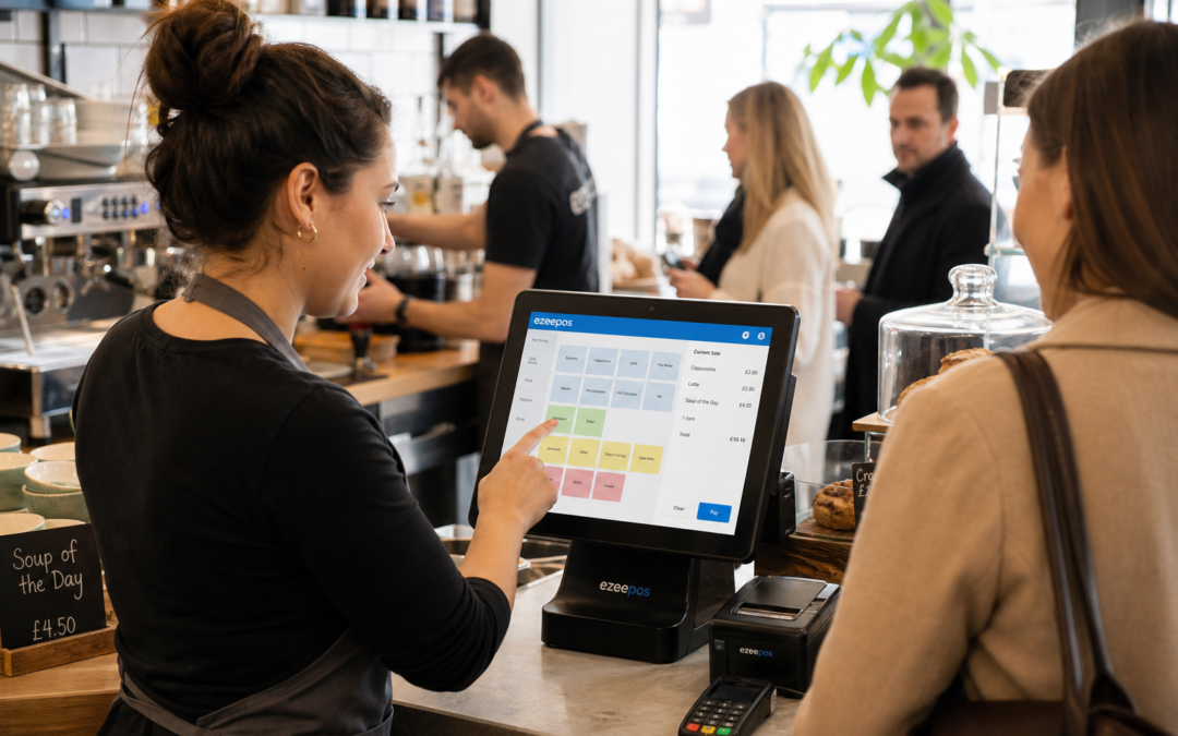 Choosing the Right Touchscreen Till for a Busy Counter, photorealistic commercial photography in a warm modern UK café or independent retail counter during a busy service period, a friendly member of staff using a clean ezeepos-style touchscreen POS terminal while serving a customer, the screen clearly showing a simple till interface with subtle blue brand accents, tidy counter with receipt printer and payment terminal nearby, realistic busy but organised atmosphere, shallow depth of field, natural window lighting, premium but authentic composition, professional blog hero image style for a UK EPOS website, clear focus on the touchscreen till and efficient counter workflow, no cartoon effects, no exaggerated futuristic devices, no cluttered background, no unreadable signage.