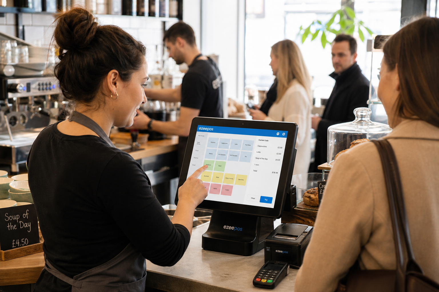 Choosing the Right Touchscreen Till for a Busy Counter, photorealistic commercial photography in a warm modern UK café or independent retail counter during a busy service period, a friendly member of staff using a clean ezeepos-style touchscreen POS terminal while serving a customer, the screen clearly showing a simple till interface with subtle blue brand accents, tidy counter with receipt printer and payment terminal nearby, realistic busy but organised atmosphere, shallow depth of field, natural window lighting, premium but authentic composition, professional blog hero image style for a UK EPOS website, clear focus on the touchscreen till and efficient counter workflow, no cartoon effects, no exaggerated futuristic devices, no cluttered background, no unreadable signage.