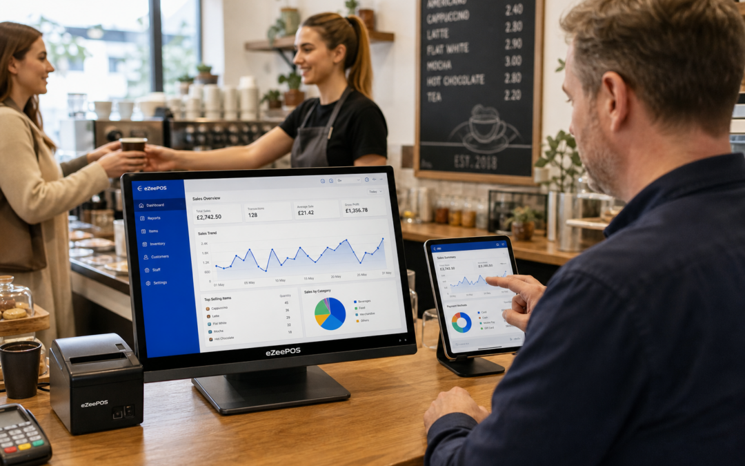 How EPOS Reporting Helps Small Businesses Make Better Day-to-Day Decisions - Photorealistic commercial photography style scene inside a warm, modern UK cafe counter area with a business owner reviewing sales reporting on an eZeePOS-style POS terminal and tablet, with clear charts and sales trends visible on a clean blue-accented dashboard screen, a staff member serving a customer in the background, subtle branded blue interface elements, natural window lighting, shallow depth of field, premium realistic composition, tidy counter, coffee cups and till accessories kept minimal, focused on practical EPOS reporting for independent retailers and hospitality businesses, professional blog hero image for ezeepos, realistic and trustworthy rather than staged.