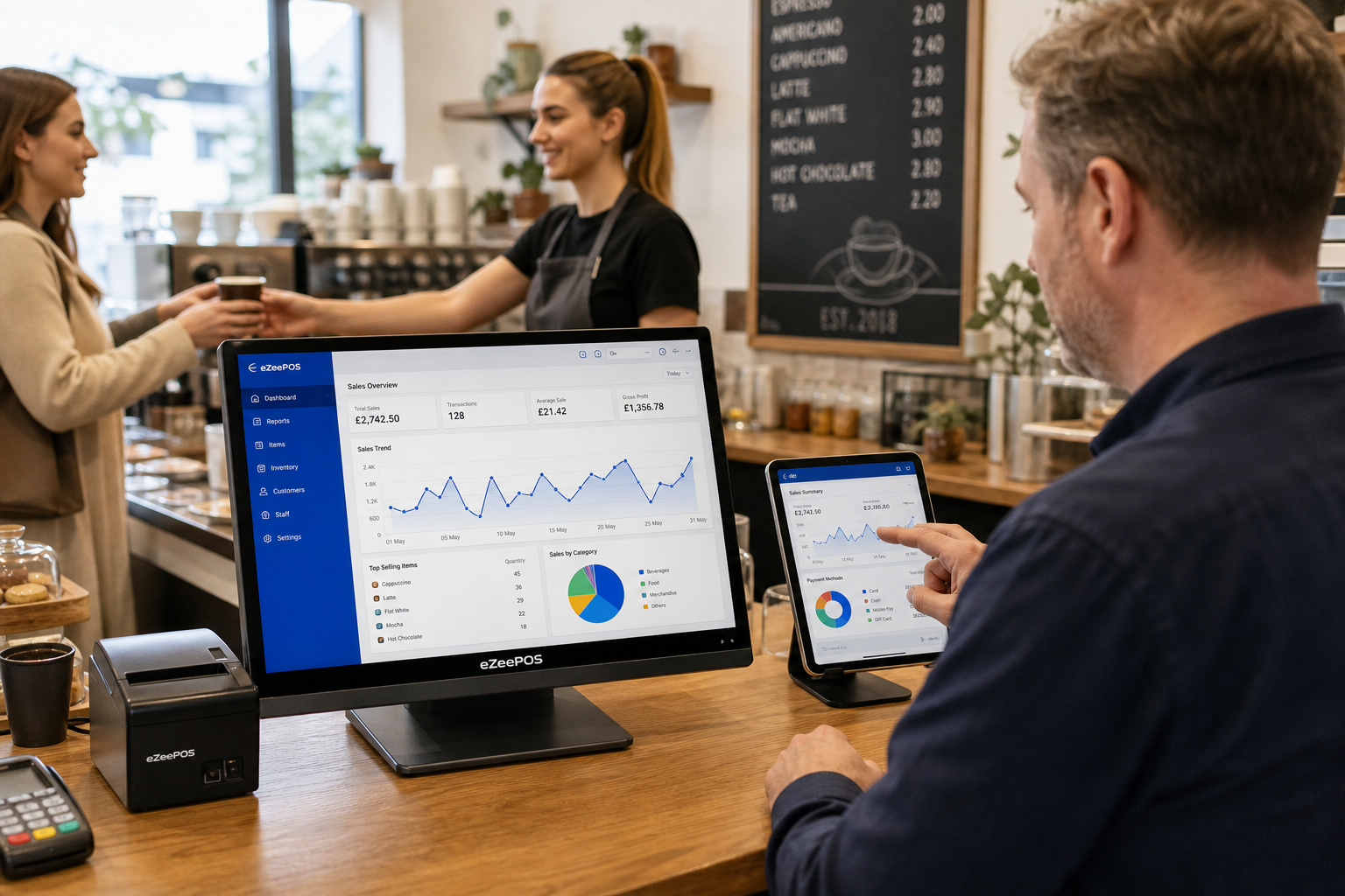 How EPOS Reporting Helps Small Businesses Make Better Day-to-Day Decisions - Photorealistic commercial photography style scene inside a warm, modern UK cafe counter area with a business owner reviewing sales reporting on an eZeePOS-style POS terminal and tablet, with clear charts and sales trends visible on a clean blue-accented dashboard screen, a staff member serving a customer in the background, subtle branded blue interface elements, natural window lighting, shallow depth of field, premium realistic composition, tidy counter, coffee cups and till accessories kept minimal, focused on practical EPOS reporting for independent retailers and hospitality businesses, professional blog hero image for ezeepos, realistic and trustworthy rather than staged.