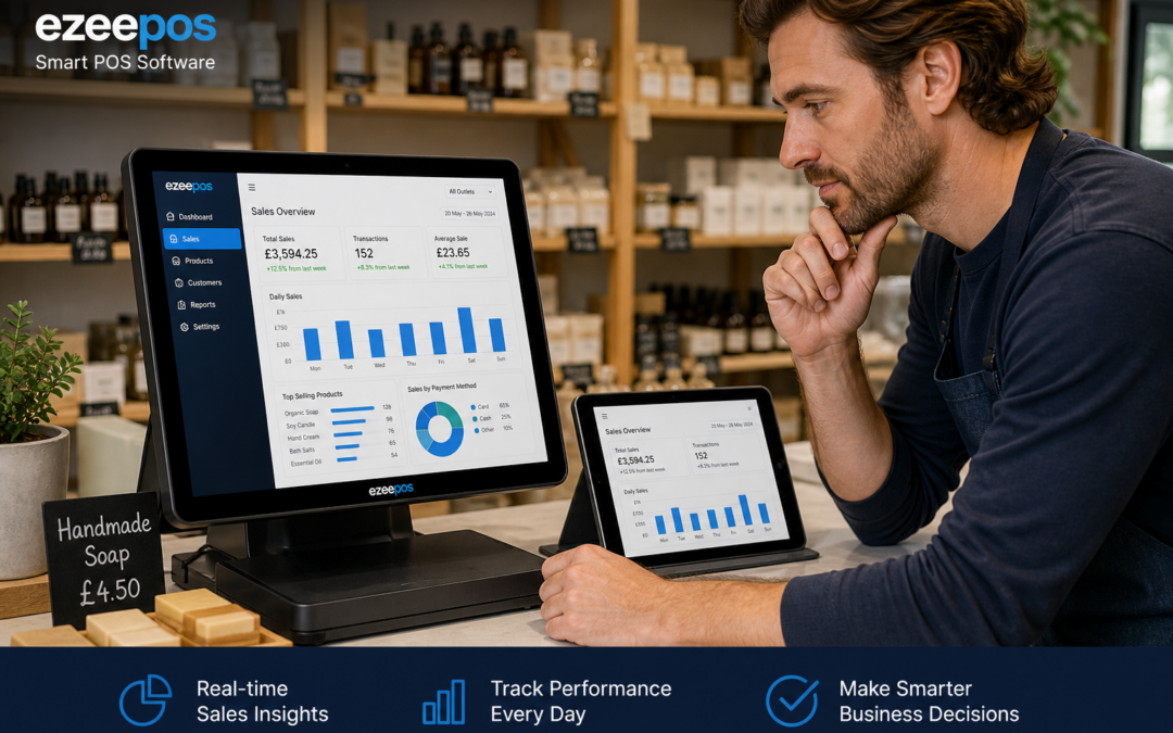 How Small UK Retailers Can Use Sales Reporting to Make Better Day-to-Day Decisions - Photorealistic commercial photography style image of a modern UK independent retail shop counter with a business owner reviewing clear sales reporting charts on an eZeePOS-style touchscreen POS terminal and tablet, showing simple bar charts and daily sales trends with subtle blue interface accents. The scene should feel like a realistic small retailer making practical decisions from their till data, with shelves of products softly blurred in the background, warm natural lighting, shallow depth of field, a clean counter area, and a professional but approachable atmosphere. Include one staff member or shop owner studying the screen with a thoughtful expression, suggesting planning and confidence. The POS technology should be the focal point, with premium realistic composition suitable for a WordPress featured image and branded for ezeepos.