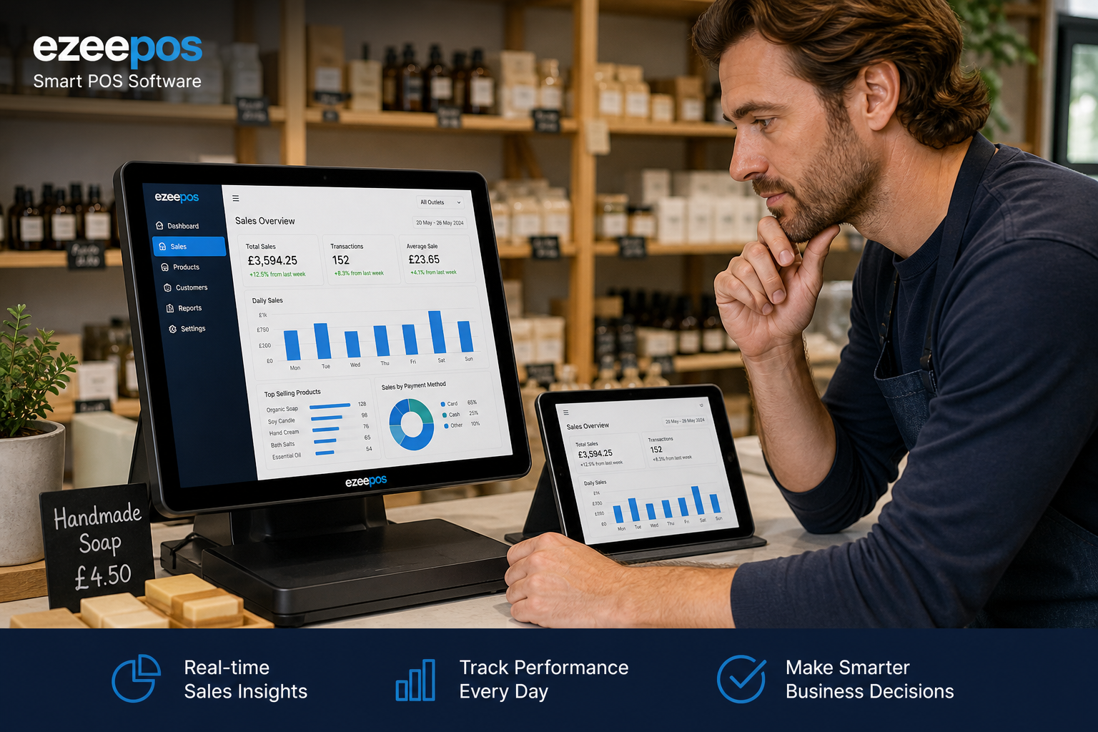 How Small UK Retailers Can Use Sales Reporting to Make Better Day-to-Day Decisions - Photorealistic commercial photography style image of a modern UK independent retail shop counter with a business owner reviewing clear sales reporting charts on an eZeePOS-style touchscreen POS terminal and tablet, showing simple bar charts and daily sales trends with subtle blue interface accents. The scene should feel like a realistic small retailer making practical decisions from their till data, with shelves of products softly blurred in the background, warm natural lighting, shallow depth of field, a clean counter area, and a professional but approachable atmosphere. Include one staff member or shop owner studying the screen with a thoughtful expression, suggesting planning and confidence. The POS technology should be the focal point, with premium realistic composition suitable for a WordPress featured image and branded for ezeepos.