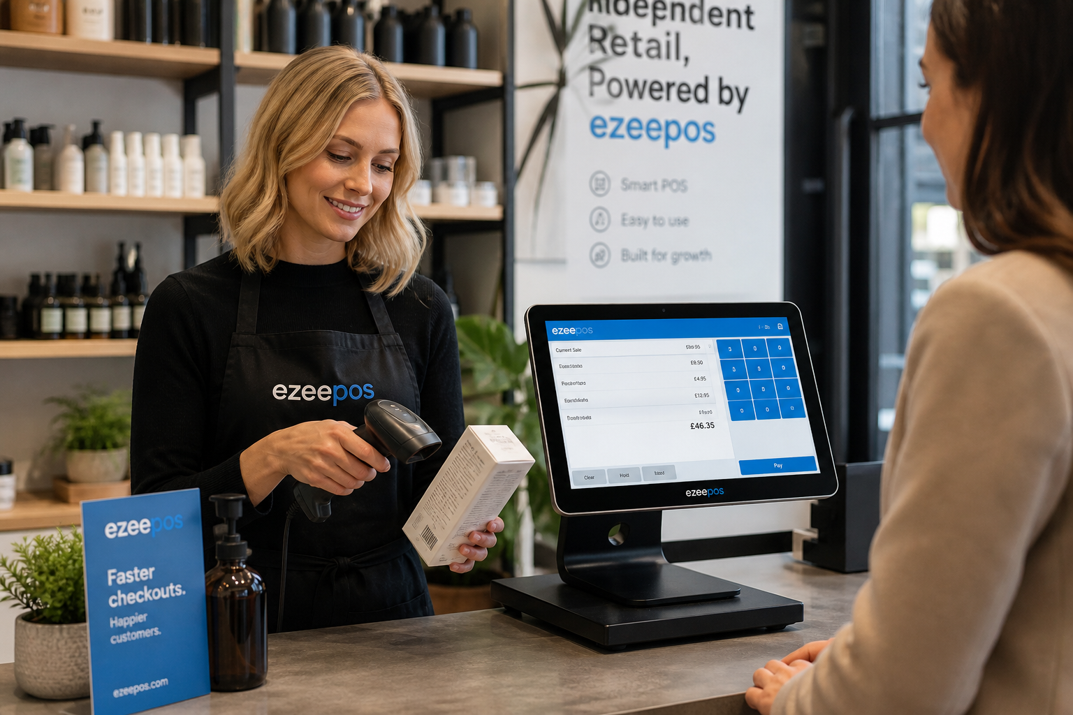 Barcode Scanning for Faster Retail Checkouts, photorealistic commercial photography style image in a modern independent UK retail shop with a clean counter, a friendly staff member scanning a product barcode at a sleek ezeepos-style touchscreen POS terminal while serving a customer, barcode scanner clearly visible, tidy product displays in the background, subtle blue brand accents on the screen interface and small signage, realistic checkout moment showing speed and accuracy, warm natural lighting, shallow depth of field, premium but authentic composition, professional website hero image for ezeepos, suitable for a WordPress featured image, focused on retail technology and the checkout experience, not a generic stock photo