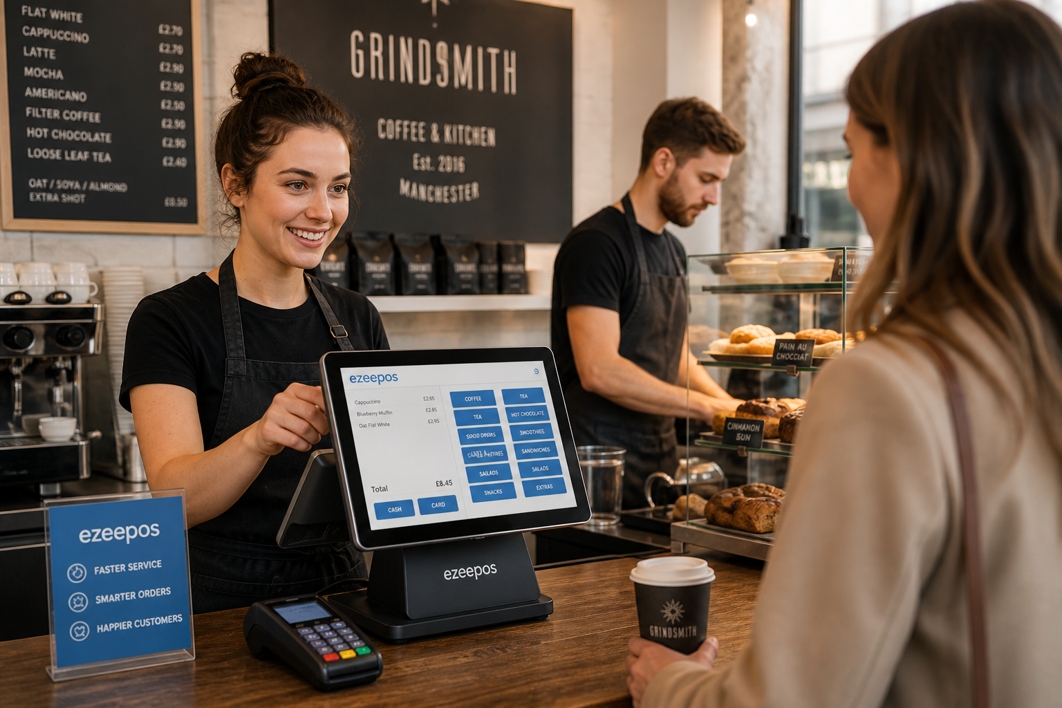 How EPOS Helps UK Businesses Improve Service Speed Without Cutting Corners, photorealistic commercial photography style hero image of a busy modern UK café and retail counter showing a friendly staff member using a clean touchscreen EPOS terminal while serving a customer, with another staff member processing a quick order in the background, clear on-screen menu buttons and subtle blue interface accents visible, a tidy counter area with a card terminal nearby, realistic warm natural lighting, shallow depth of field, premium but authentic composition, professional British small business environment, technology clearly as the focus, clean and welcoming atmosphere that reflects faster service, smoother queues and practical EPOS use for independent UK businesses, suitable as a WordPress featured image for ezeepos