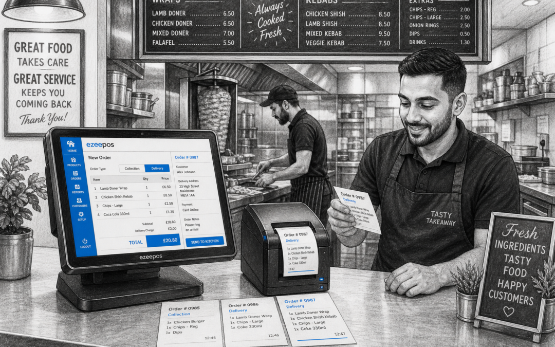 Kitchen Printing for Busy Takeaways: Why Order Accuracy Matters, a detailed black-and-white pencil and ink editorial blog illustration showing a realistic UK takeaway counter and prep area during a busy service, with a touchscreen EPOS till in the foreground sending orders to a compact kitchen printer, printed tickets visible on the counter, staff member reviewing an order slip, another staff member preparing food in the background, subtle blue accent details only on the till screen, ticket highlights and small interface elements, clean hand-drawn linework, light shading, professional business feel, warm modern interior, shallow depth of field, natural lighting, premium but realistic composition, clean counter area, friendly staff interaction, ezeepos-style POS terminal clearly visible, technology as the focus, suitable for a WordPress featured image and a UK hospitality blog hero image.