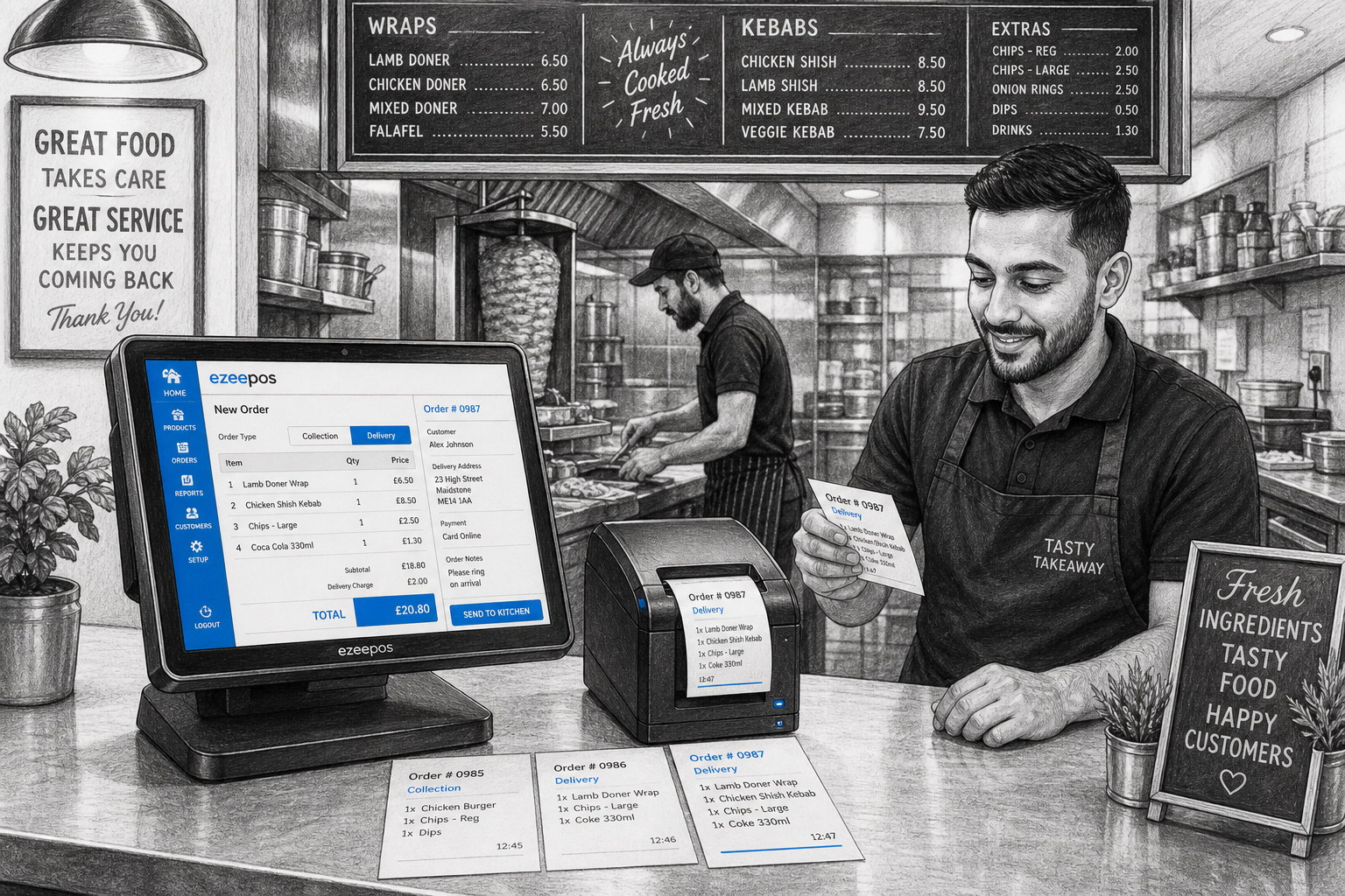 Kitchen Printing for Busy Takeaways: Why Order Accuracy Matters, a detailed black-and-white pencil and ink editorial blog illustration showing a realistic UK takeaway counter and prep area during a busy service, with a touchscreen EPOS till in the foreground sending orders to a compact kitchen printer, printed tickets visible on the counter, staff member reviewing an order slip, another staff member preparing food in the background, subtle blue accent details only on the till screen, ticket highlights and small interface elements, clean hand-drawn linework, light shading, professional business feel, warm modern interior, shallow depth of field, natural lighting, premium but realistic composition, clean counter area, friendly staff interaction, ezeepos-style POS terminal clearly visible, technology as the focus, suitable for a WordPress featured image and a UK hospitality blog hero image.