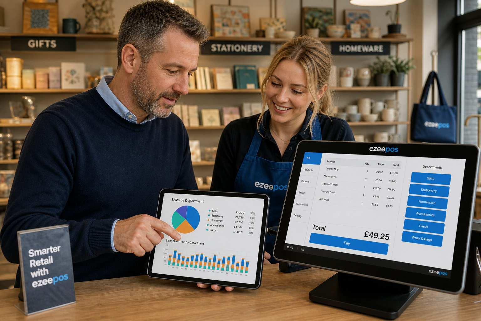 How Multi-Department Retail Reporting Helps Shops Make Smarter Decisions: photorealistic commercial photography of a UK independent retail shop with several clearly defined departments such as gifts, stationery and homeware, featuring a modern touchscreen EPOS terminal and a tablet displaying clean sales reporting charts by department, with a business owner reviewing the screen beside a friendly staff member at a tidy counter, subtle blue brand accents on the interface and small signage, warm natural lighting, shallow depth of field, premium realistic composition, clean counter area, professional retail environment, the reporting dashboard and POS technology as the clear focal point, suitable as a WordPress featured image for ezeepos