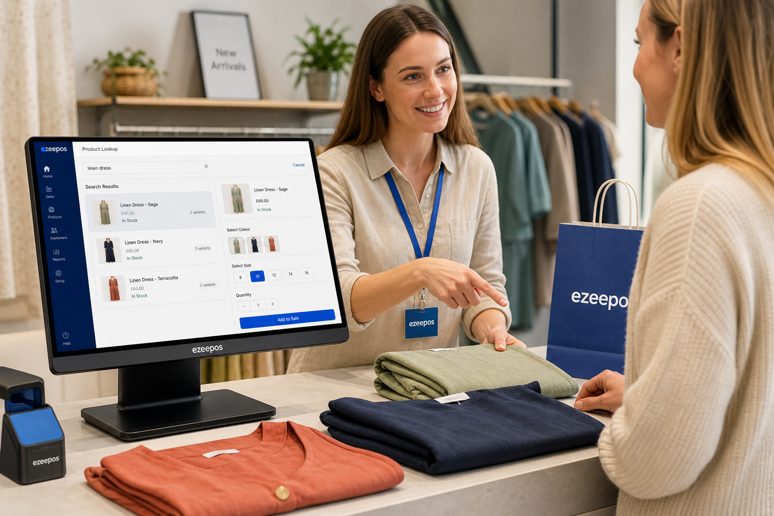 Why Product Lookup Matters for Busy Fashion and Clothing Shop Checkouts, photorealistic commercial photography of a modern UK fashion and clothing shop checkout counter with a clean touchscreen EPOS terminal showing a product lookup screen, a barcode scanner and neatly folded clothing items in the foreground, a friendly staff member helping a customer choose between colour and size variants, subtle blue brand accents on the interface and accessories, warm natural lighting, shallow depth of field, premium realistic retail environment, professional blog hero image for ezeepos, focused on fast search and smooth checkout service, realistic counter layout, modern independent boutique setting, genuine customer service moment, sharp detail on the technology and clothing products