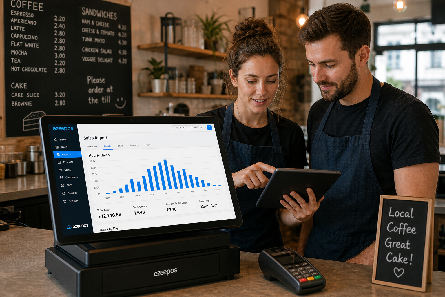 Using EPOS Reports to Spot Your Busiest Selling Times, photorealistic commercial photography style in a warm modern UK cafe or independent retail shop, business owner and staff reviewing a POS screen or tablet showing clear sales charts and hourly trading peaks, ezeepos-style interface with subtle blue brand accents visible on the screen, clean counter area, realistic touchscreen till, natural lighting, shallow depth of field, professional blog hero image composition, friendly and focused atmosphere, premium but realistic look, the technology is the main focus, suitable for a WordPress featured image, with a clear sense of how EPOS reporting helps a UK business understand busy periods and plan staffing and service.