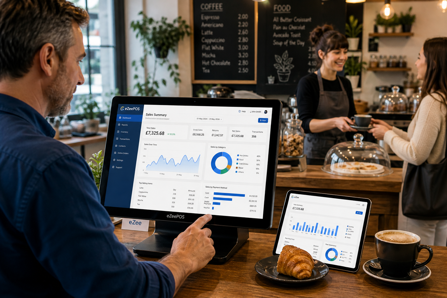 Using Sales Reporting to Make Better Day-to-Day Decisions in UK Shops and Cafes, photorealistic commercial photography style, a warm modern UK independent cafe or retail counter with a business owner reviewing clear sales reporting on an eZeePOS-style touchscreen POS terminal and tablet, blue-accent dashboard charts visible on screen, a friendly staff member serving a customer in the background, clean counter space, natural daylight, shallow depth of field, premium realistic composition, subtle brand-blue interface details, professional blog hero image for a UK EPOS website, realistic business environment, technology clearly the focus, calm and practical mood