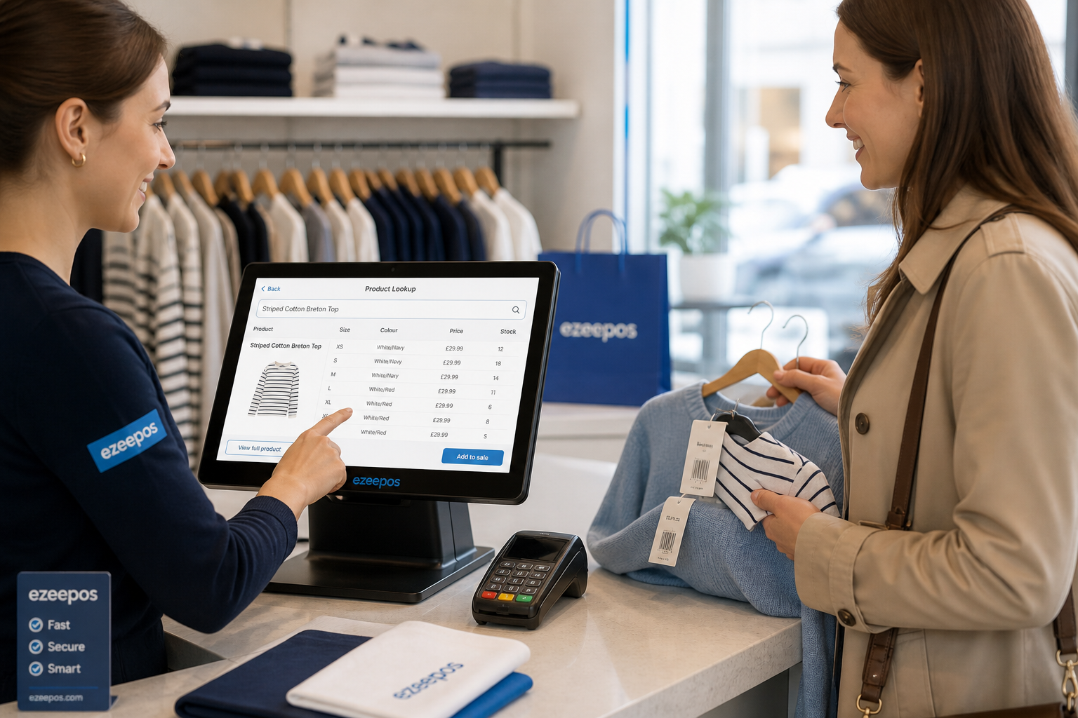 Why Product Lookup Matters for Busy Fashion and Clothing Shop Checkouts, photorealistic commercial photography style, a modern UK fashion and clothing shop checkout counter with a friendly staff member using a sleek touchscreen EPOS terminal to quickly search a product lookup screen for clothing sizes and colours while serving a customer holding several garments, clean counter area, subtle blue brand accents on the interface and store details, realistic barcoded clothing tags, folded shirts and hanging garments in the background, natural daylight, shallow depth of field, premium but realistic composition, professional retail atmosphere, the POS terminal and product search screen clearly visible as the focal point, suitable for a WordPress featured image for ezeepos