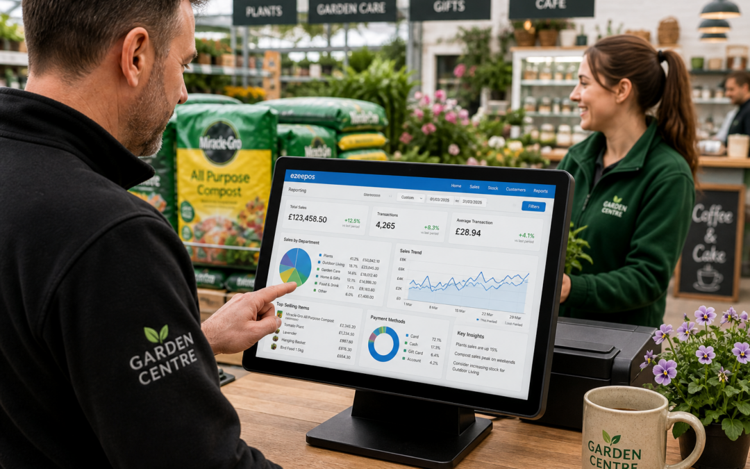 How EPOS Reporting Helps Garden Centres Make Better Day-to-Day Decisions A photorealistic commercial photography style image of a modern UK garden centre counter with a manager reviewing sales reporting dashboards on a touchscreen EPOS terminal or tablet, showing clear charts and department breakdowns in subtle blue interface accents, with plants, compost bags, gifts and a small café area softly visible in the background; warm natural lighting, shallow depth of field, clean counter area, professional but realistic composition, premium yet approachable mood, the reporting screen as the focal point, friendly staff interaction nearby, suitable as a WordPress featured image for ezeepos and clearly connected to day-to-day sales decisions, seasonal planning and multi-department garden centre trading.