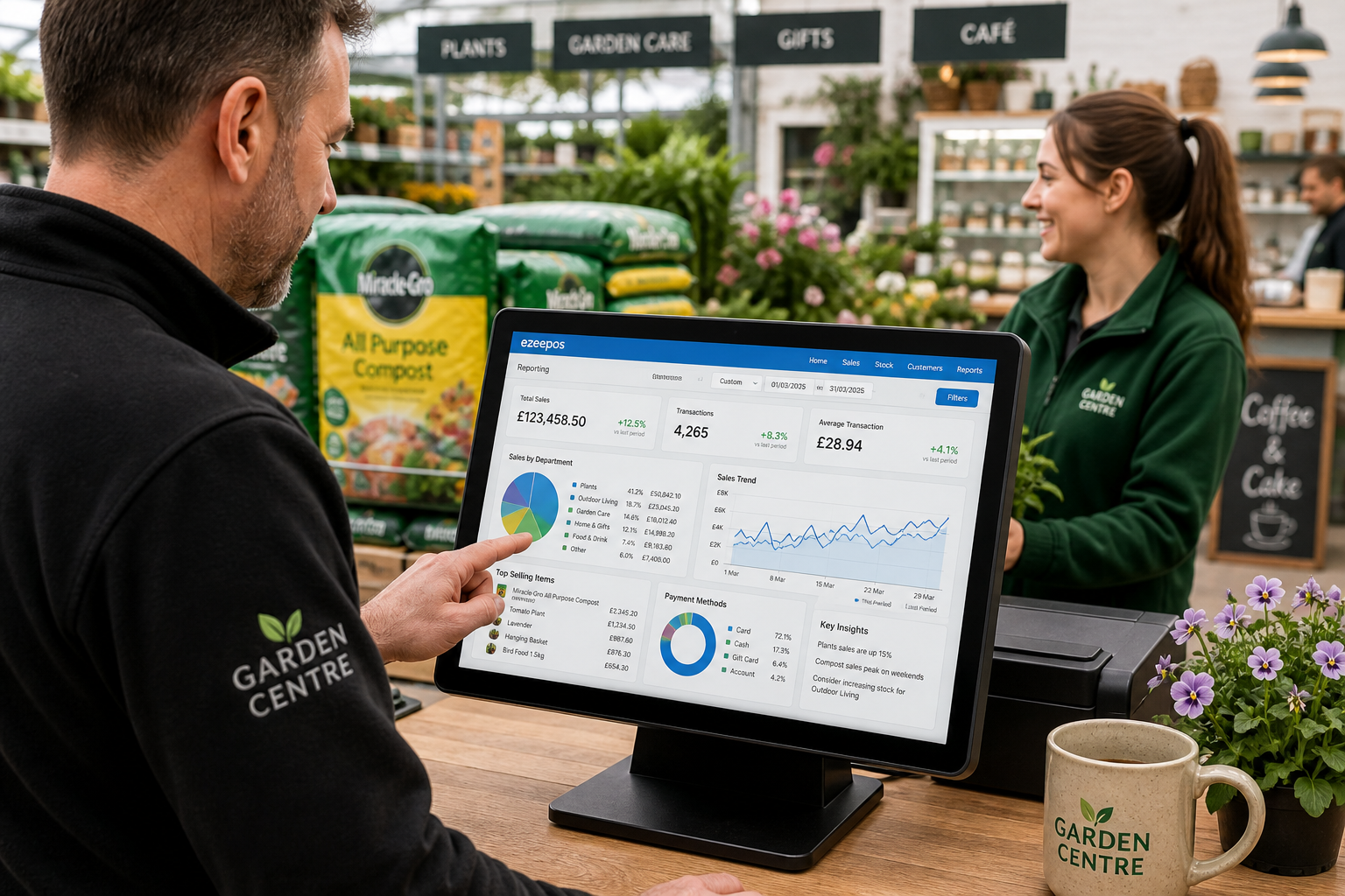 How EPOS Reporting Helps Garden Centres Make Better Day-to-Day Decisions A photorealistic commercial photography style image of a modern UK garden centre counter with a manager reviewing sales reporting dashboards on a touchscreen EPOS terminal or tablet, showing clear charts and department breakdowns in subtle blue interface accents, with plants, compost bags, gifts and a small café area softly visible in the background; warm natural lighting, shallow depth of field, clean counter area, professional but realistic composition, premium yet approachable mood, the reporting screen as the focal point, friendly staff interaction nearby, suitable as a WordPress featured image for ezeepos and clearly connected to day-to-day sales decisions, seasonal planning and multi-department garden centre trading.