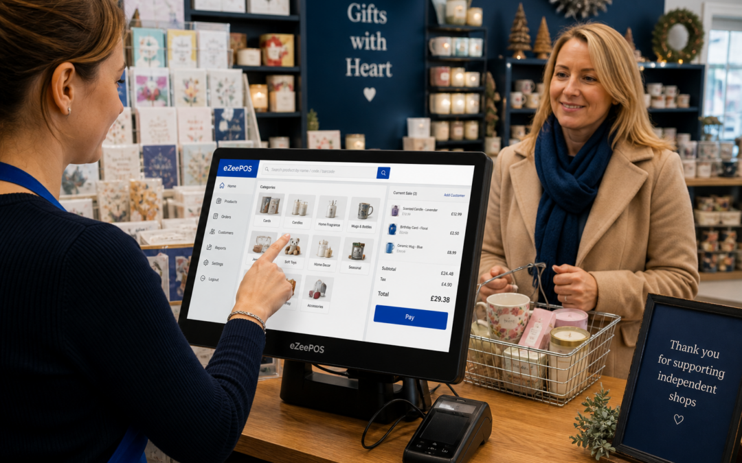 How Product Lookup Helps Busy Gift Shops Keep the Till Moving: A photorealistic commercial blog hero image showing a busy UK gift shop counter with a friendly staff member using a modern eZeePOS-style touchscreen till to quickly find a product from a colourful range of gift items, cards, candles and seasonal stock, while a customer waits calmly at the counter with a small basket of mixed purchases; the POS screen should clearly suggest fast product lookup with organised product categories and a clean, readable layout, with subtle blue brand accents in the interface and the shop decor, warm natural lighting, clean merchandising, shallow depth of field, premium yet realistic composition, professional modern retail environment, and the technology and checkout process as the clear focus of the scene.