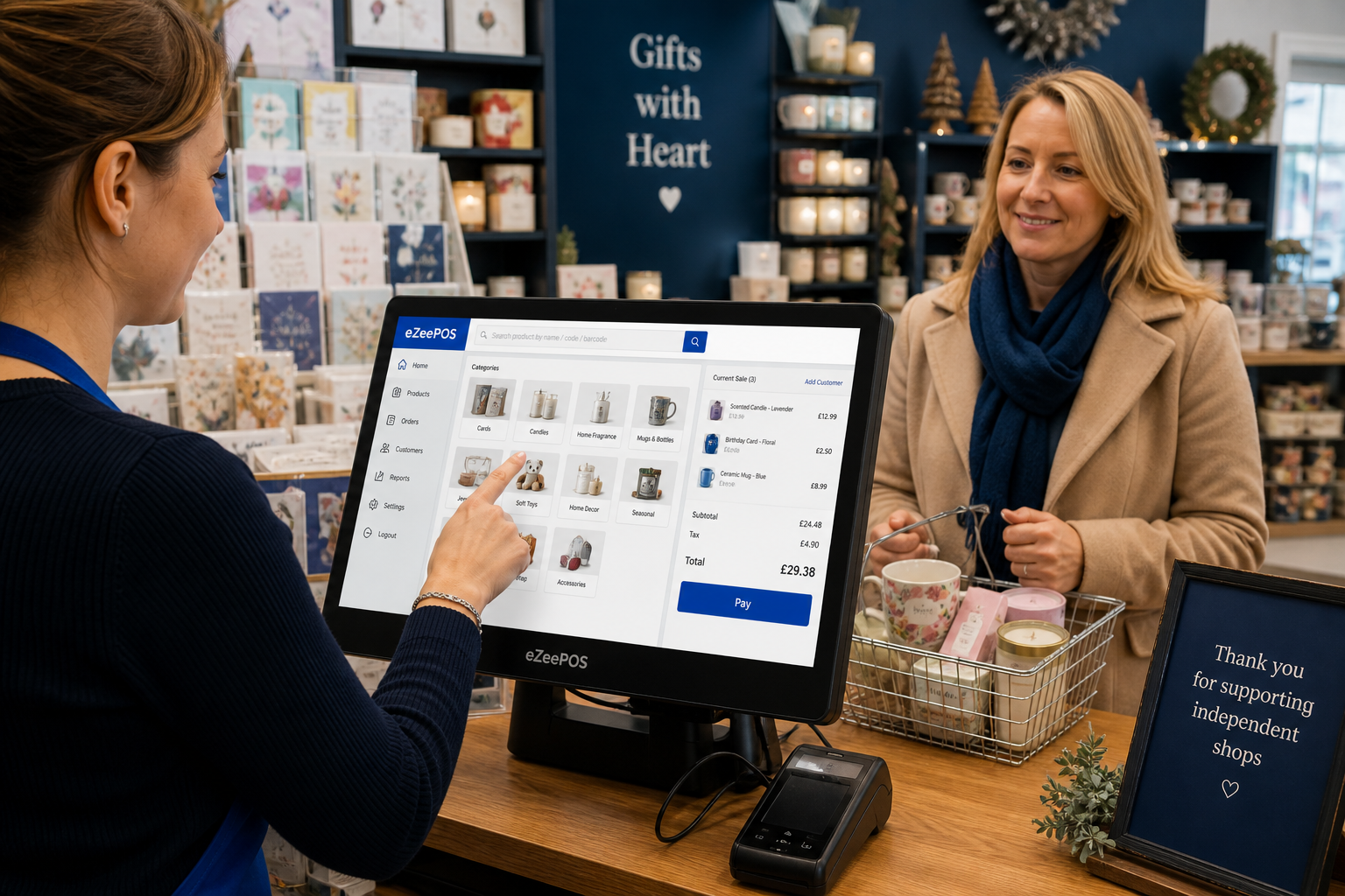 How Product Lookup Helps Busy Gift Shops Keep the Till Moving: A photorealistic commercial blog hero image showing a busy UK gift shop counter with a friendly staff member using a modern eZeePOS-style touchscreen till to quickly find a product from a colourful range of gift items, cards, candles and seasonal stock, while a customer waits calmly at the counter with a small basket of mixed purchases; the POS screen should clearly suggest fast product lookup with organised product categories and a clean, readable layout, with subtle blue brand accents in the interface and the shop decor, warm natural lighting, clean merchandising, shallow depth of field, premium yet realistic composition, professional modern retail environment, and the technology and checkout process as the clear focus of the scene.