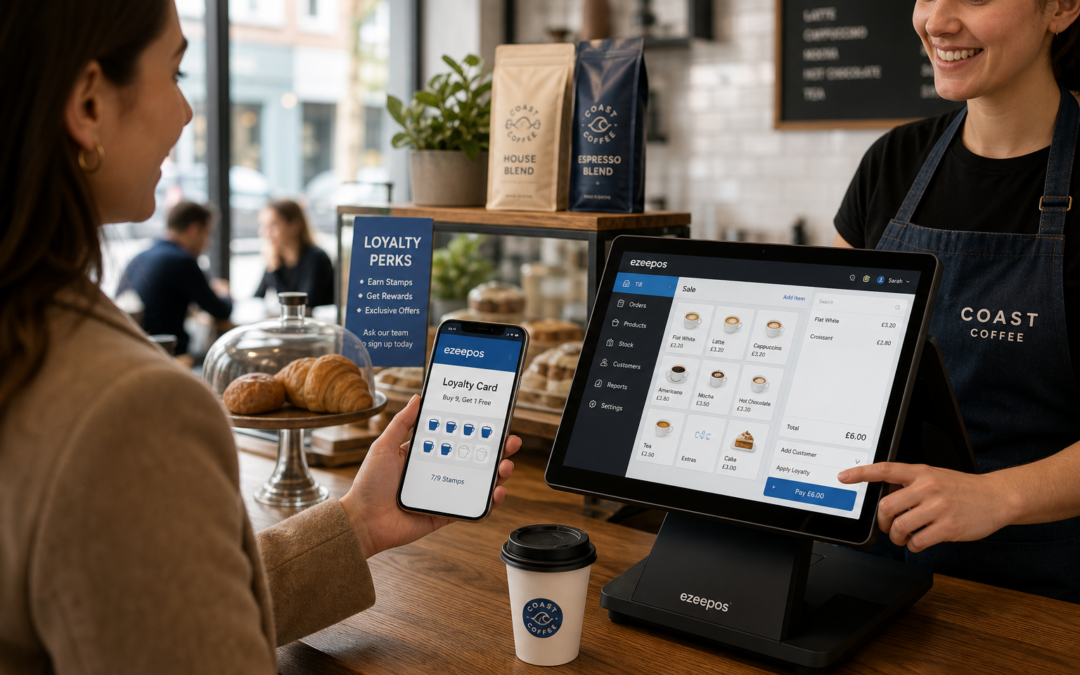 Customer Loyalty Ideas for Cafés, Shops and Takeaways: Simple Ways to Bring People Back - A realistic photorealistic commercial photography scene inside a warm modern UK café counter showing a friendly customer holding a smartphone with a visible digital loyalty card and a few reward stamps/points on screen, while a staff member uses an ezeepos-style touchscreen POS terminal on the counter; a takeaway coffee cup and a small display of pastries and retail items sit nearby, subtle blue brand accents appear on the POS interface and small signage, the counter is clean and premium, natural daylight fills the space, shallow depth of field, professional marketing-style composition, customer and staff interaction is the focus, realistic and specific to a loyalty-focused EPOS blog hero image for ezeepos.