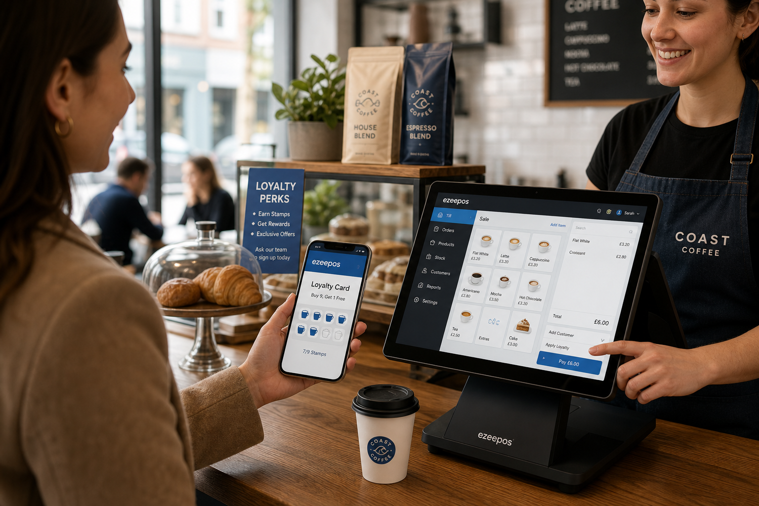 Customer Loyalty Ideas for Cafés, Shops and Takeaways: Simple Ways to Bring People Back - A realistic photorealistic commercial photography scene inside a warm modern UK café counter showing a friendly customer holding a smartphone with a visible digital loyalty card and a few reward stamps/points on screen, while a staff member uses an ezeepos-style touchscreen POS terminal on the counter; a takeaway coffee cup and a small display of pastries and retail items sit nearby, subtle blue brand accents appear on the POS interface and small signage, the counter is clean and premium, natural daylight fills the space, shallow depth of field, professional marketing-style composition, customer and staff interaction is the focus, realistic and specific to a loyalty-focused EPOS blog hero image for ezeepos.