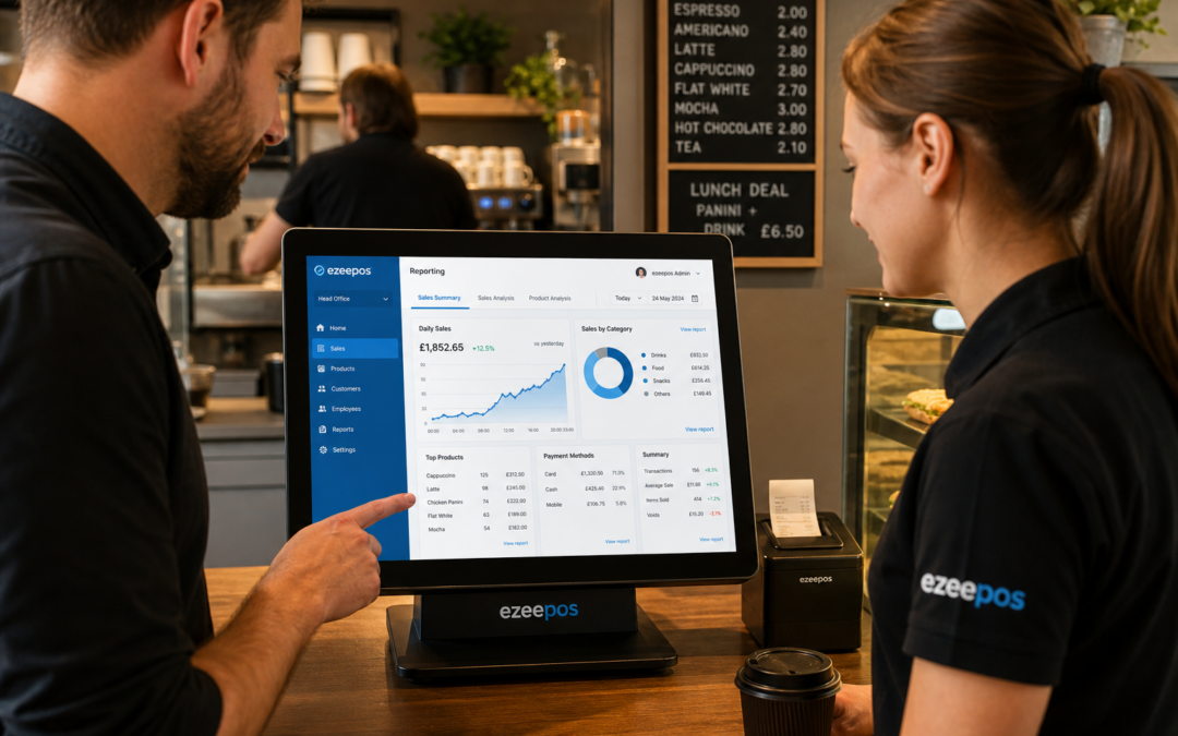 How EPOS Reporting Helps Small Hospitality Businesses Make Better Daily Decisions. A photorealistic commercial photography style image in a warm, modern UK café or takeaway counter setting, with a small business owner and staff member reviewing clear sales charts and daily performance reports on a sleek ezeepos-style touchscreen POS terminal or tablet, with subtle blue interface accents visible on the screen. The scene should feel practical and realistic, with a clean counter, coffee cups, a receipt printer, and a calm busy-service atmosphere in the background, shallow depth of field, natural lighting, premium but believable composition, friendly staff interaction, and the reporting screen as the main focus. The image should look like a professional WordPress blog hero image specifically created for ezeepos, showing how EPOS reporting helps hospitality owners spot trading patterns and make better daily decisions.