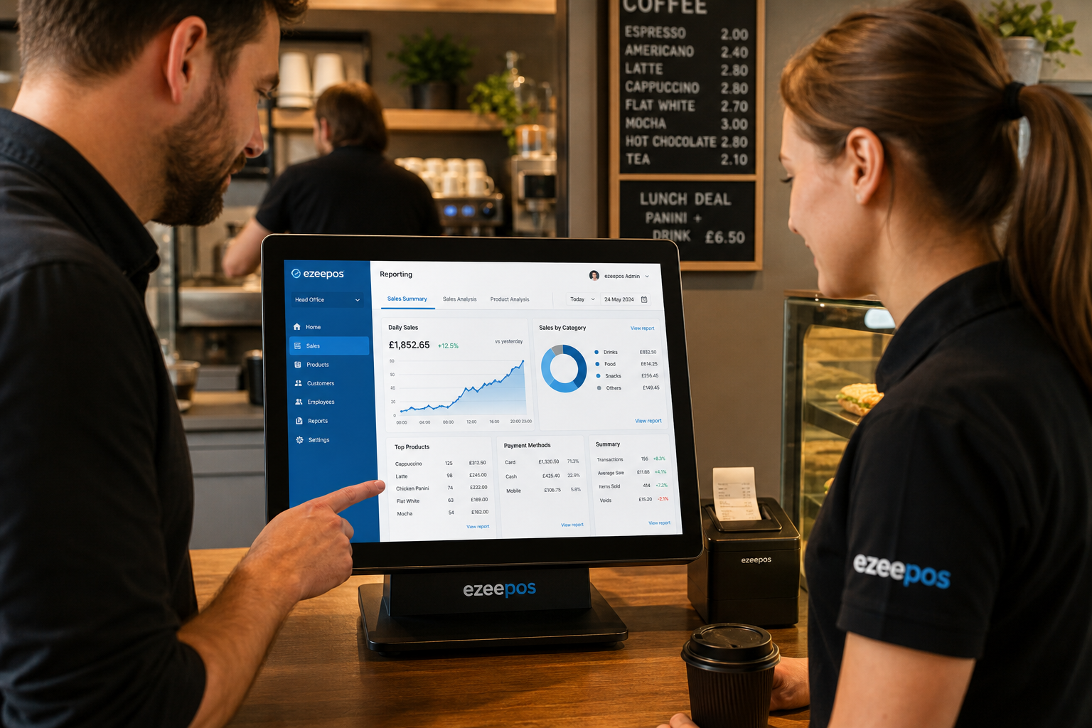How EPOS Reporting Helps Small Hospitality Businesses Make Better Daily Decisions. A photorealistic commercial photography style image in a warm, modern UK café or takeaway counter setting, with a small business owner and staff member reviewing clear sales charts and daily performance reports on a sleek ezeepos-style touchscreen POS terminal or tablet, with subtle blue interface accents visible on the screen. The scene should feel practical and realistic, with a clean counter, coffee cups, a receipt printer, and a calm busy-service atmosphere in the background, shallow depth of field, natural lighting, premium but believable composition, friendly staff interaction, and the reporting screen as the main focus. The image should look like a professional WordPress blog hero image specifically created for ezeepos, showing how EPOS reporting helps hospitality owners spot trading patterns and make better daily decisions.