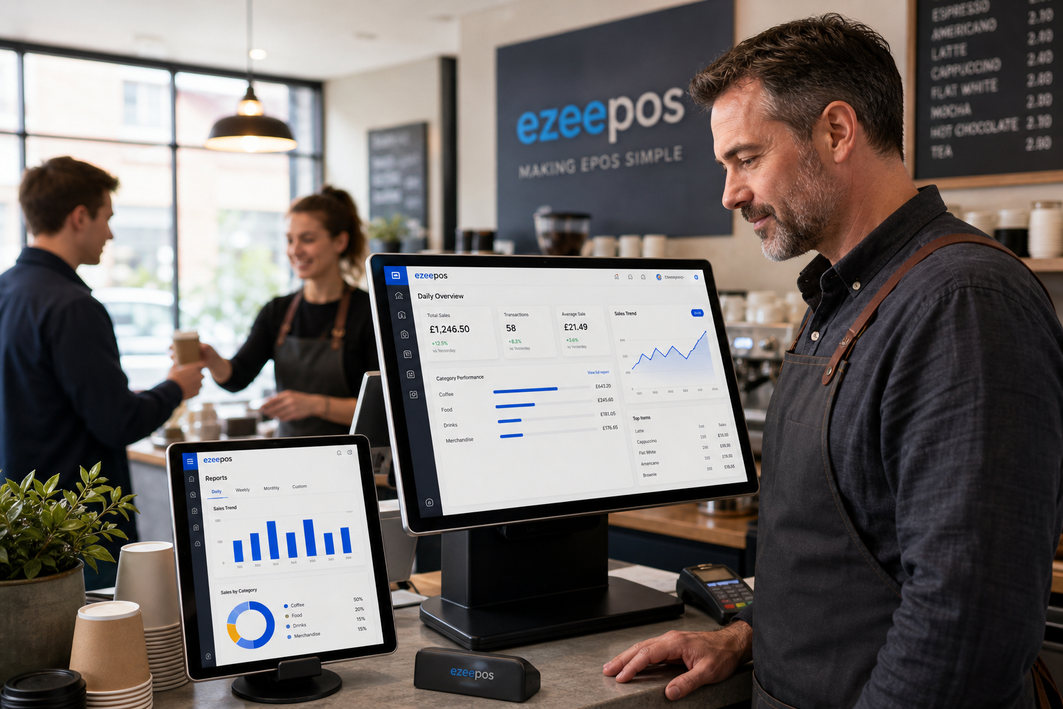 How EPOS Reporting Helps Small Businesses Make Better Daily Decisions, a photorealistic commercial photography style image of a UK independent cafe owner standing beside a modern touchscreen EPOS terminal and tablet showing clear sales charts, daily trend graphs and category performance dashboards, in a warm, modern cafe counter environment with subtle blue brand accents on the screen interface and signage, natural window lighting, shallow depth of field, clean counter area, realistic cups and till accessories, the owner reviewing reports with a focused expression while a staff member serves a customer in the background, premium but realistic composition, professional website hero image for ezeepos, technology clearly the focus, suitable for a WordPress featured image