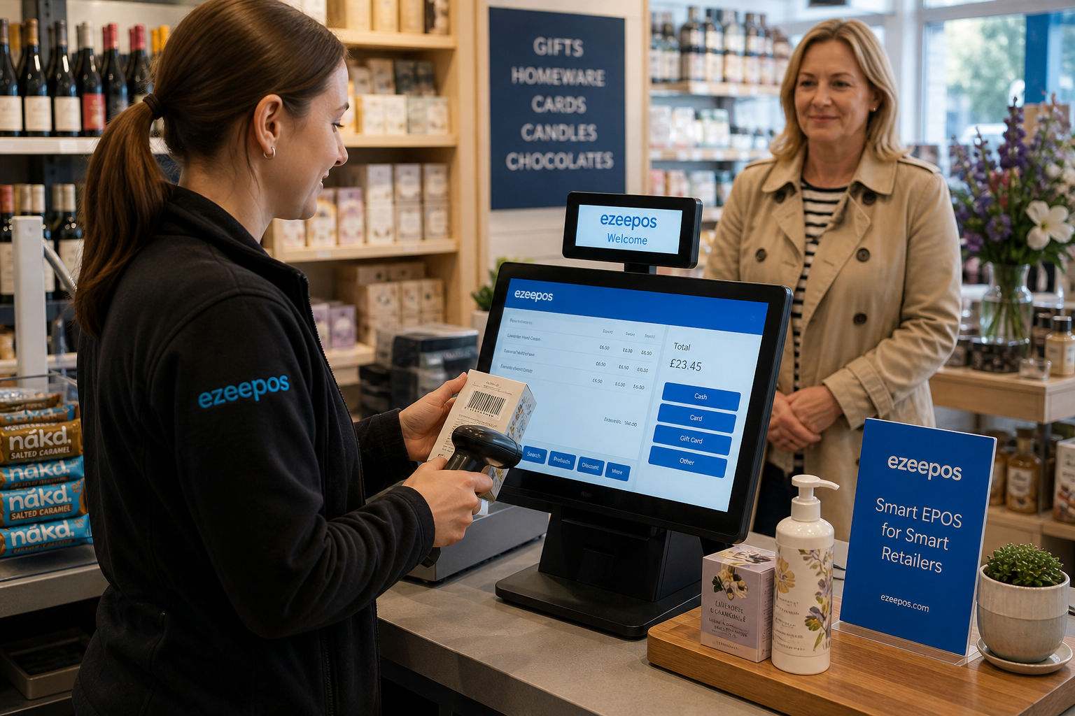 Barcode Scanning for Faster Retail Checkouts, photorealistic commercial photography style image of a busy independent UK retail shop counter with a friendly staff member scanning a product barcode at a modern touchscreen EPOS terminal while a customer waits calmly nearby, clean counter area, barcode scanner in use, product labels and neatly arranged retail items visible, subtle blue brand accents on the screen interface and signage, warm natural lighting, shallow depth of field, premium but realistic composition, professional website hero image for ezeepos, technology clearly the focus, realistic UK convenience or gift shop environment, orderly till area, modern checkout system, candid service moment, suitable for a WordPress featured image
