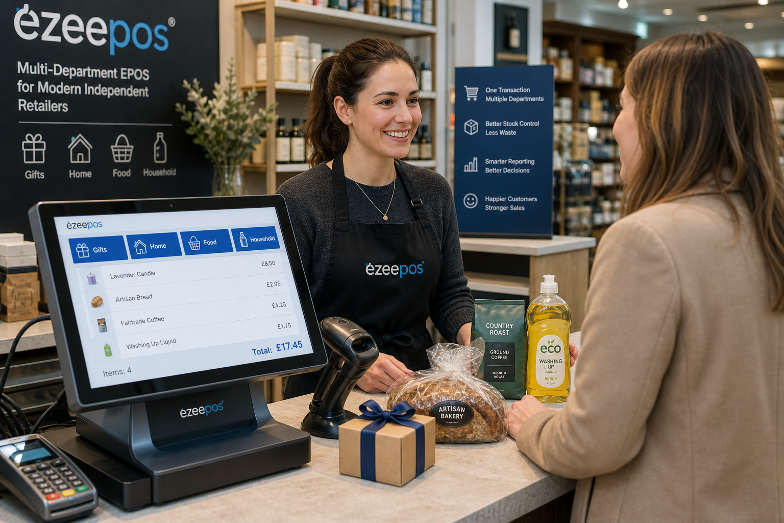 Why Multi-Department Retail EPOS Matters for Shops with Mixed Product Ranges, photorealistic commercial photography of a busy UK independent shop counter with a modern touchscreen EPOS terminal clearly showing neatly organised department buttons and mixed product categories, a barcode scanner and a few varied products on the counter such as gifts, groceries and household items, a friendly shop assistant serving a customer who is buying different product types in one transaction, clean and uncluttered retail environment, subtle blue brand accents on the screen interface and signage, warm natural lighting, shallow depth of field, premium realistic composition, professional website hero image for ezeepos, technology and checkout organisation as the focus, realistic British retail setting