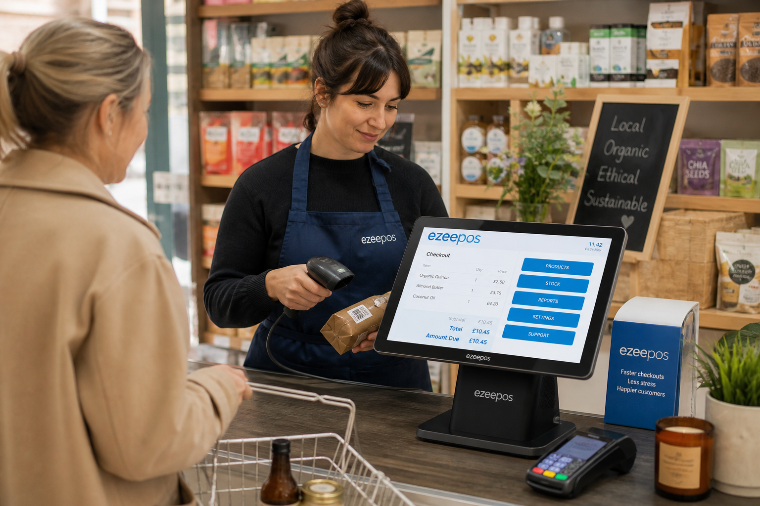 Barcode Scanning for Faster Retail Checkouts, photorealistic commercial photography style of a UK independent retail shop counter during a busy but calm trading moment, a friendly staff member using a modern ezeepos-style touchscreen POS terminal while scanning a product barcode with a handheld scanner, a customer waiting at the counter with a small basket, clear barcode labels and a neat checkout area visible, subtle blue brand accents on the screen interface and small signage, realistic product shelves in soft focus behind the counter, warm natural lighting, shallow depth of field, premium but authentic composition, professional UK retail environment, the POS technology is the clear focus of the image and the scene should feel like a custom featured image for a blog article about faster retail checkouts and reduced mistakes