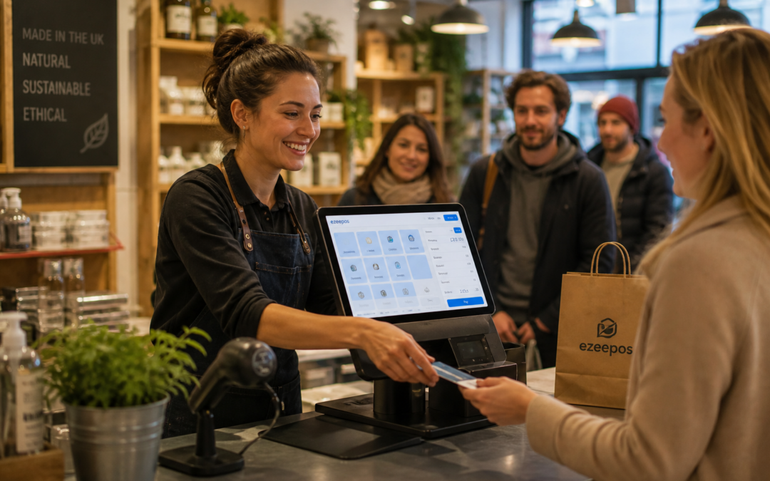Reducing Queues at the Checkout: Practical EPOS Tips for UK Retailers, photorealistic commercial photography style image of a modern independent UK retail shop counter during a busy period, with a friendly staff member serving a customer while a clear touchscreen EPOS terminal is being used at the till, a barcode scanner and tidy counter area visible, subtle blue interface accents on the screen, a short queue in the background without looking crowded, realistic product displays and warm natural lighting, shallow depth of field, premium but believable composition, professional blog hero image for ezeepos focused on checkout speed, smoother service and reducing waiting times in a real retail environment